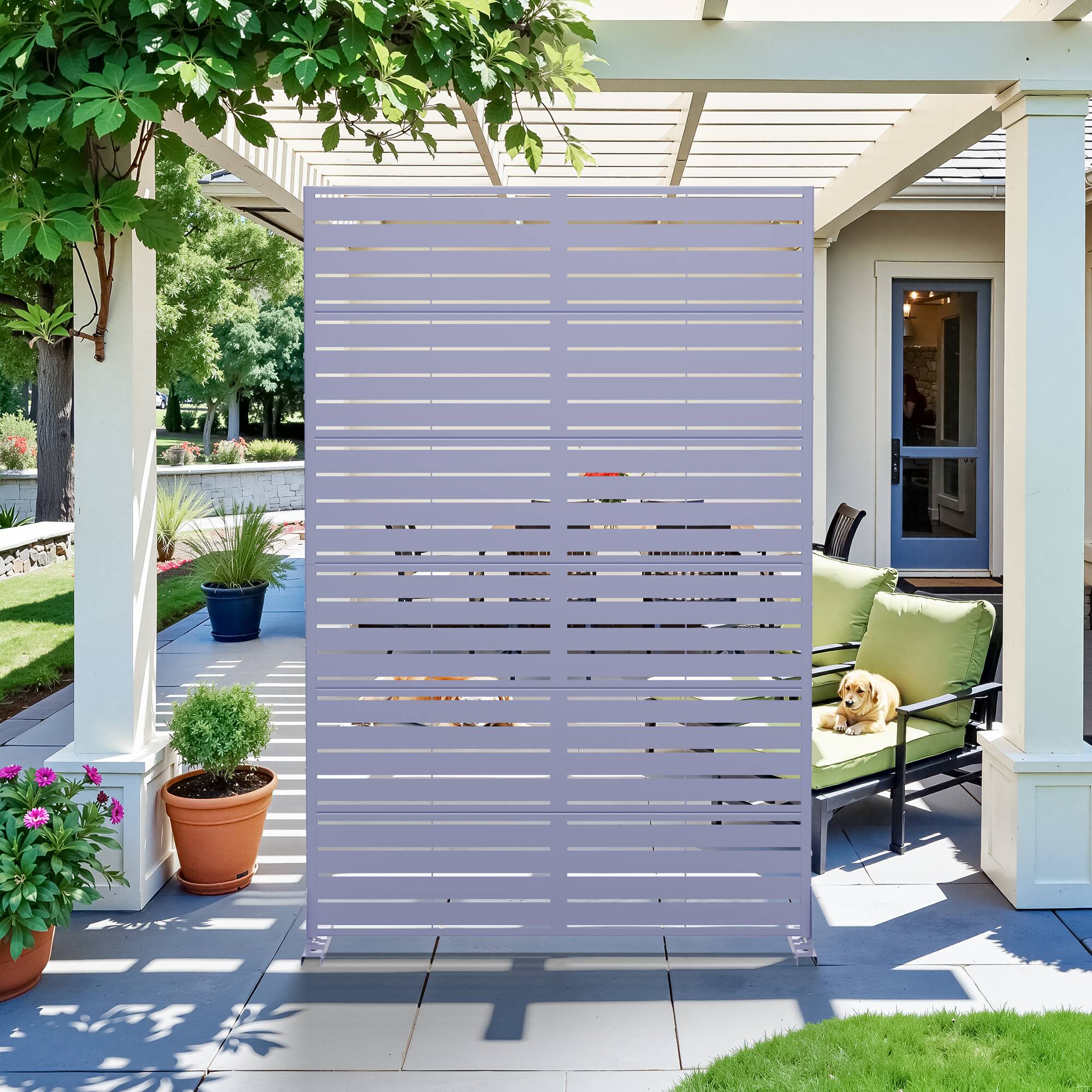 Alt View 2. PexFix - 72 in. x 47 in. Louvered Pattern Metal Outdoor Privacy Screen & Panels, Freestanding Garden Divider Fence - Lavender Purple.