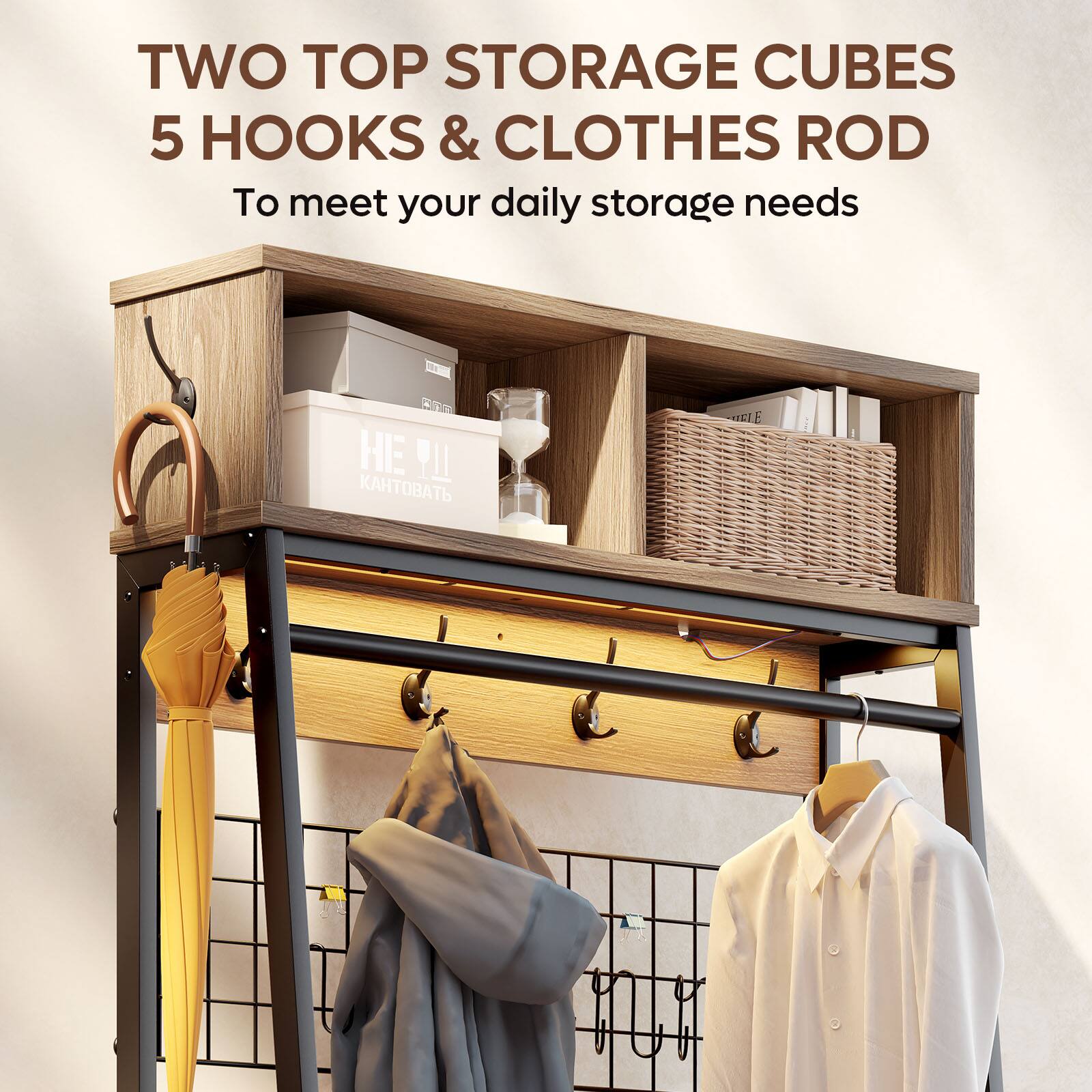 Two Top Storage Cubes 5 Hooks & Clothes Rod - To meet your daily storage needs.