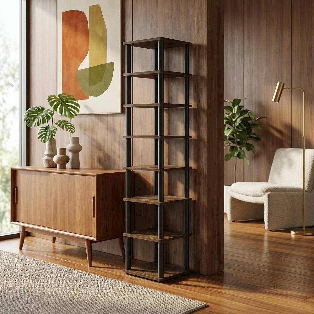 Left. FurniFact - Gold 8-Tier Vertical Shoe Tower, Free Standing Space Saving Closet Organizer - Amber Pine/Black.