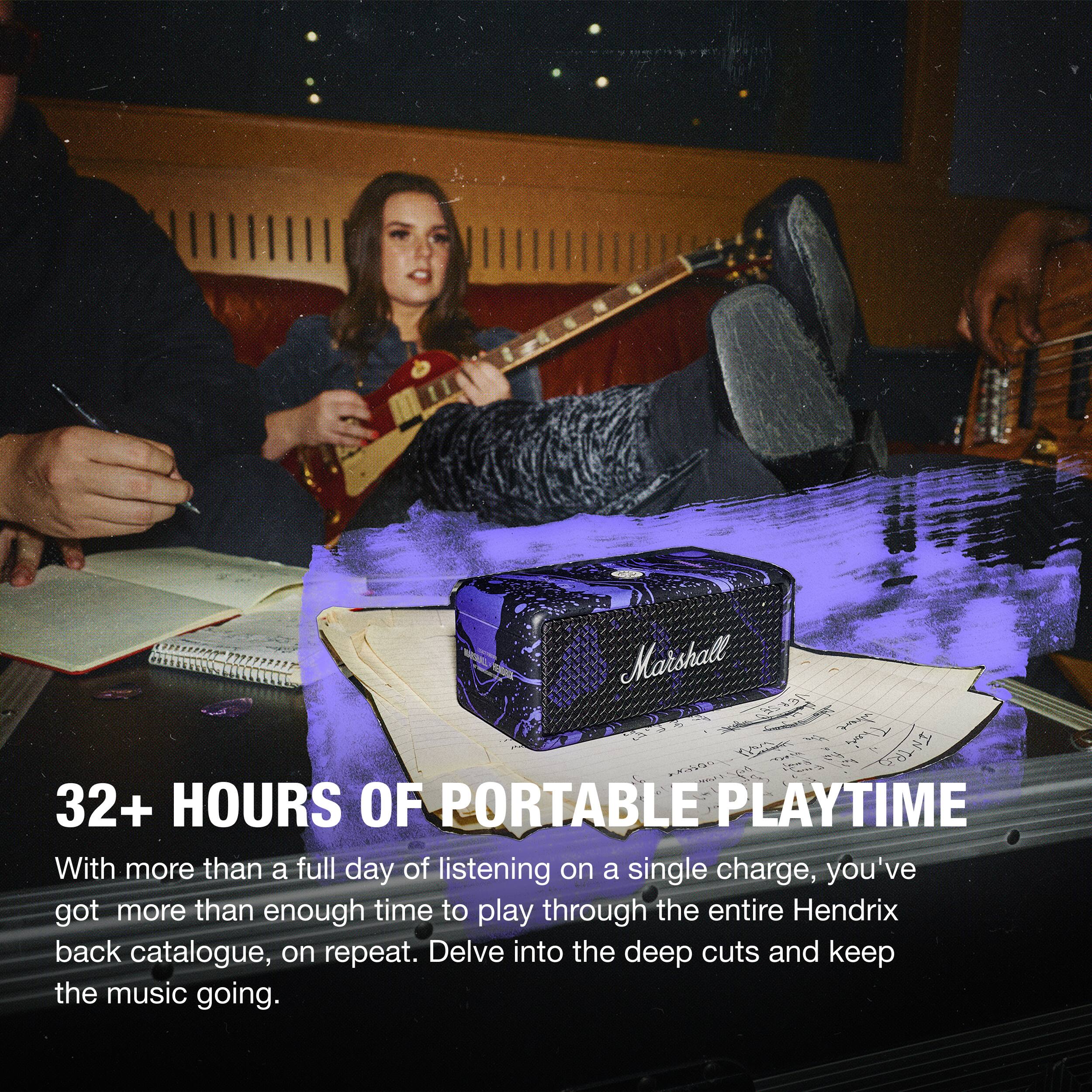 Marshall

32+ HOURS OF PORTABLE PLAYTIME

With more than a full day of listening on a single charge, you've got more than enough time to play through the entire Hendrix back catalogue, on repeat. Delve into the deep cuts and keep the music going.