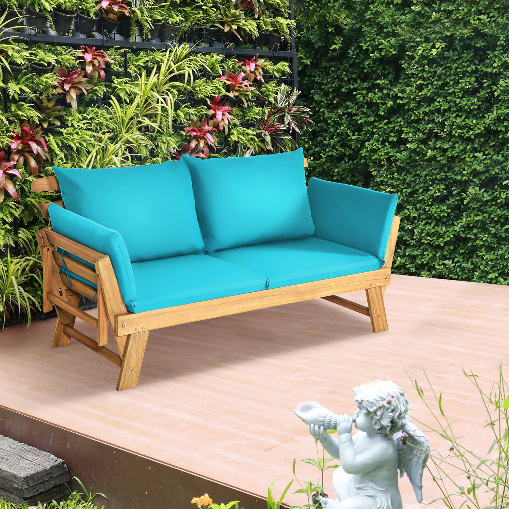 Alt View 3. Gymax - Gymax Adjustable Patio Sofa Daybed Acacia Wood Furniture w/ Turquoise Cushions - Turquoise.