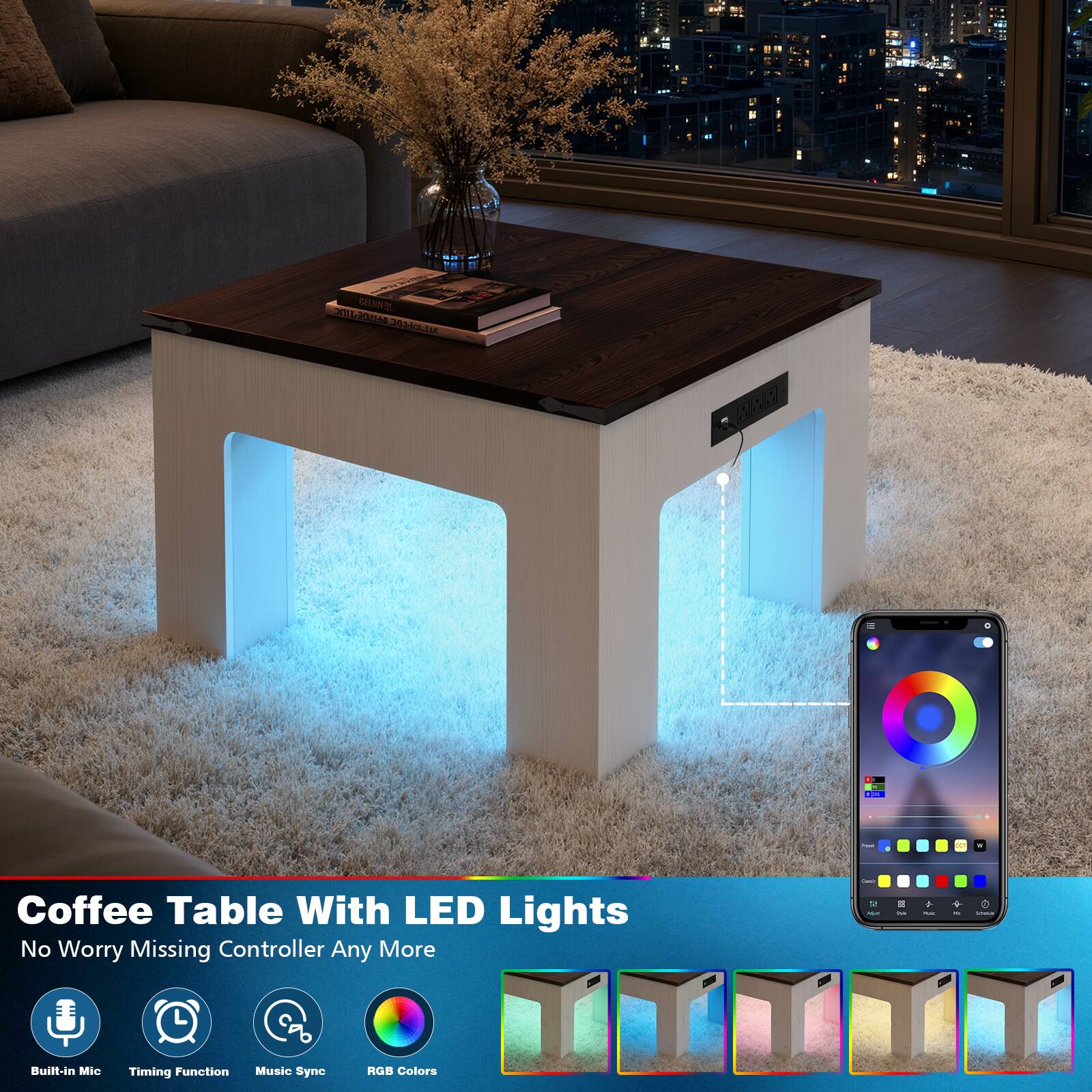 Coffee Table With LED Lights  
No Worry Missing Controller Any More  

- Built-in Mic  
- Timing Function  
- Music Sync  
- RGB Colors