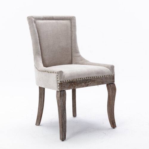 Left. LUCKY ONE - Assembled Ultra Side Dining Chair Set of 2 Thickened Fabric Chairs with Solid Wood Legs Bronze Nailhead - Beige.
