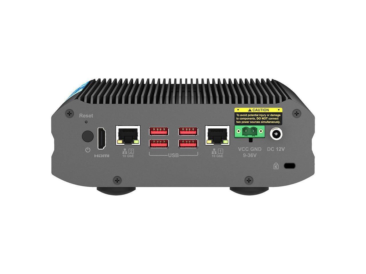 Reset

CAUTION  
To avoid potential injury or damage to components, DO NOT connect two power sources simultaneously.

HDMI  
2 10 GbE  
USB  
1 10 GbE  
VCC GND DC 12V  
9-36V