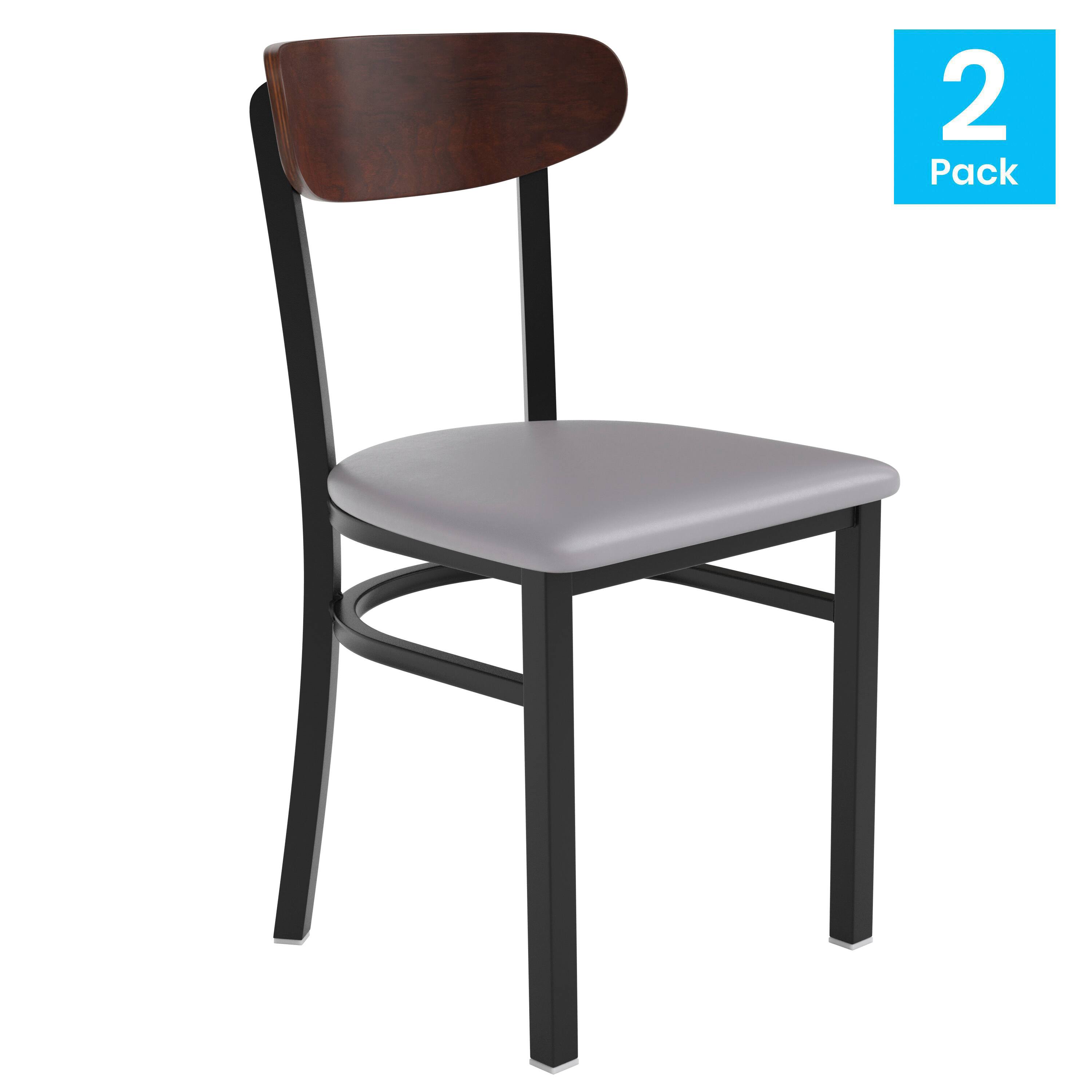 Alt View 1. Emma + Oliver - Yara Industrial Dining Chair with Rolled Steel Frame and Solid Wood Seat - 500 lbs. Static Weight Capacity - Walnut Wood Back/Gray Vinyl Seat.