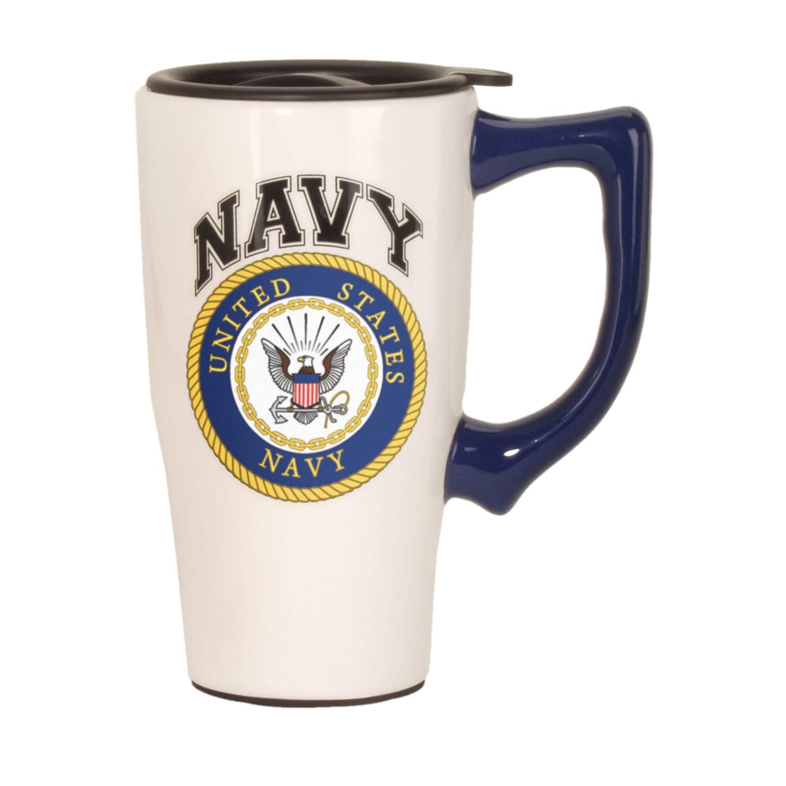 Spoontiques - United States Navy Ceramic Insulated Travel Mug Coffee Cup 18 ounce - White