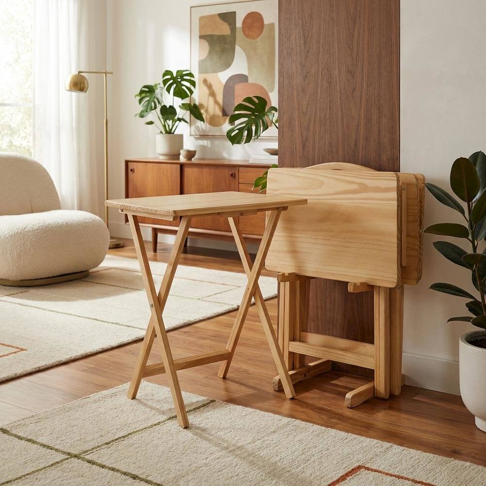 Alt View 4. FurniFact - Brown Wooden 5pcs Folding Tables Set with Stand – TV Trays Set of 4 - Natural.