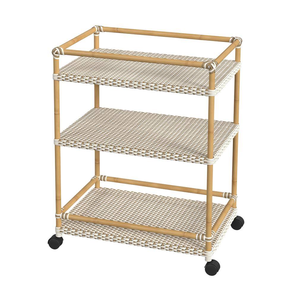 Alt View 2. Butler Specialty - Tobias 24 in. W Outdoor Rattan and Metal 3- Tier Rattan Bar Cart - Beige And White.