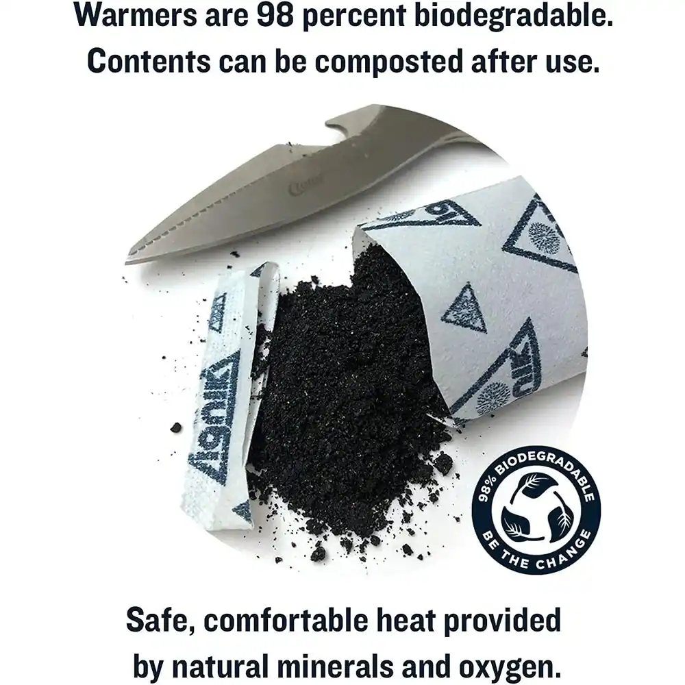 Warmers are 98 percent biodegradable. Contents can be composted after use.

Safe, comfortable heat provided by natural minerals and oxygen.