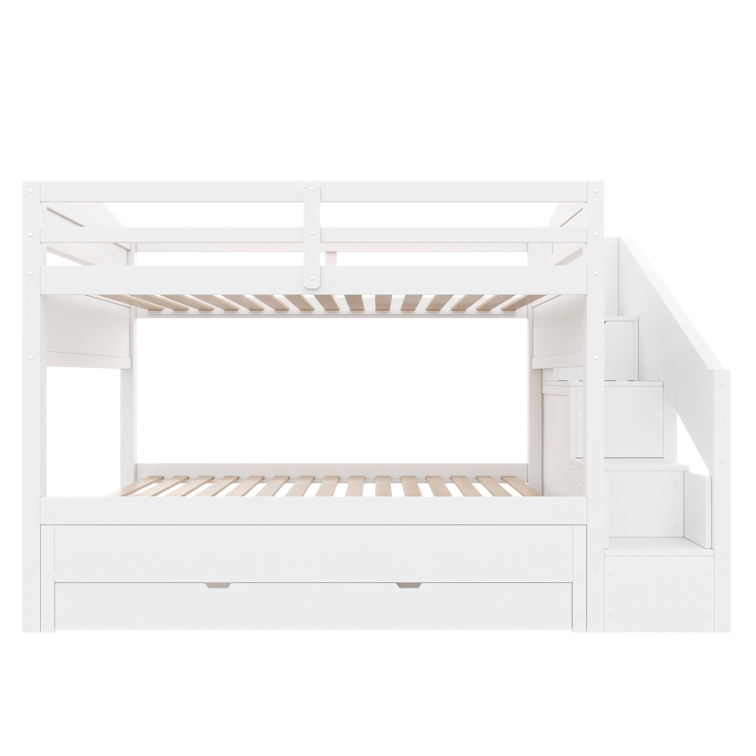 Alt View 2. Whisen - Twin XL over Twin XL Bunk Bed with Trundle, Storage Staircase, Wardrobe and 3 Drawers - White.