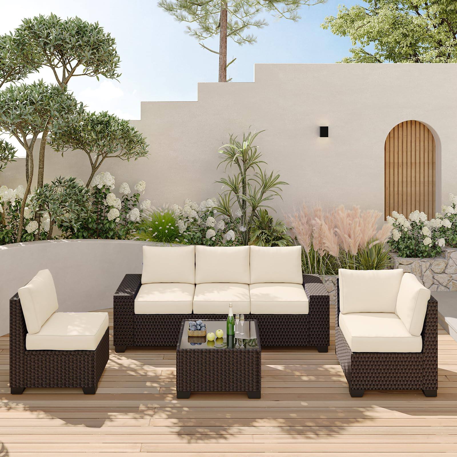 Front. Homhougo - 6 Pieces Outdoor Patio Furniture Set, Outdoor Wicker Furniture Set, Patio Sectional Furniture Set - earthy gray.