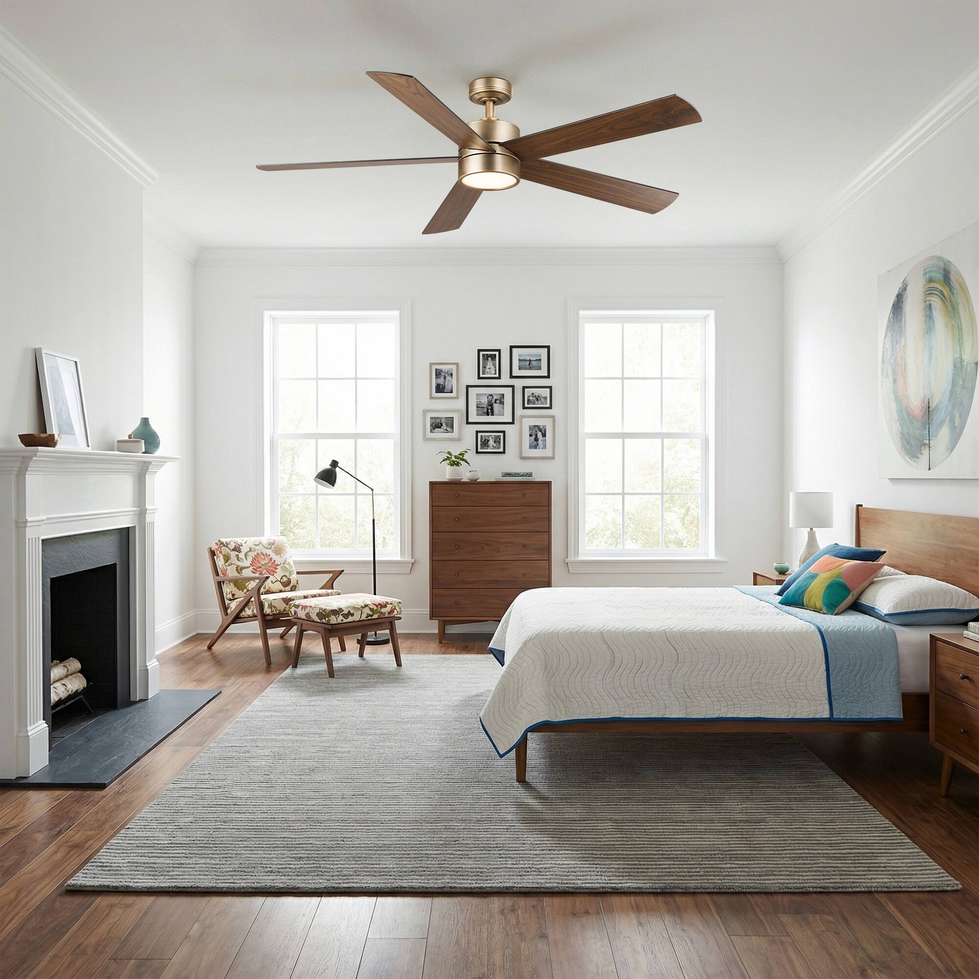 Left. Parrot Uncle - 60" Modern Natural Brass Integrated LED Ceiling Fan with Light and Remote - Brass.