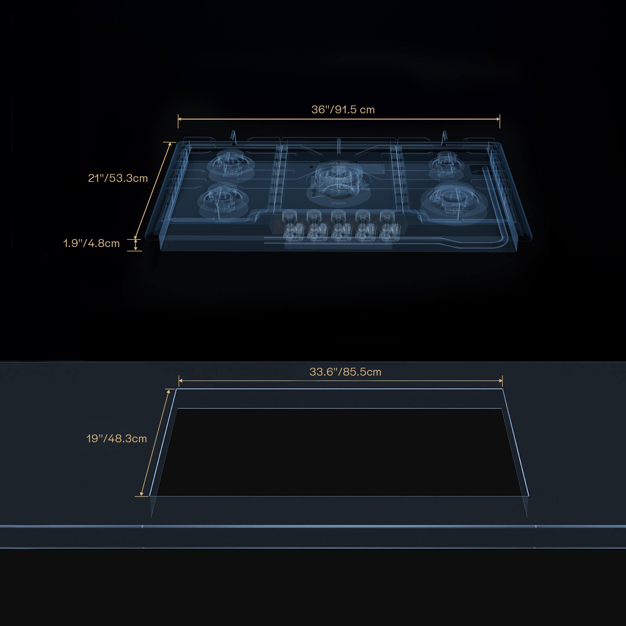 36"/91.5 cm, 21"/53.3cm, 1.9"/4.8cm, 33.6"/85.5cm, 19"/48.3cm