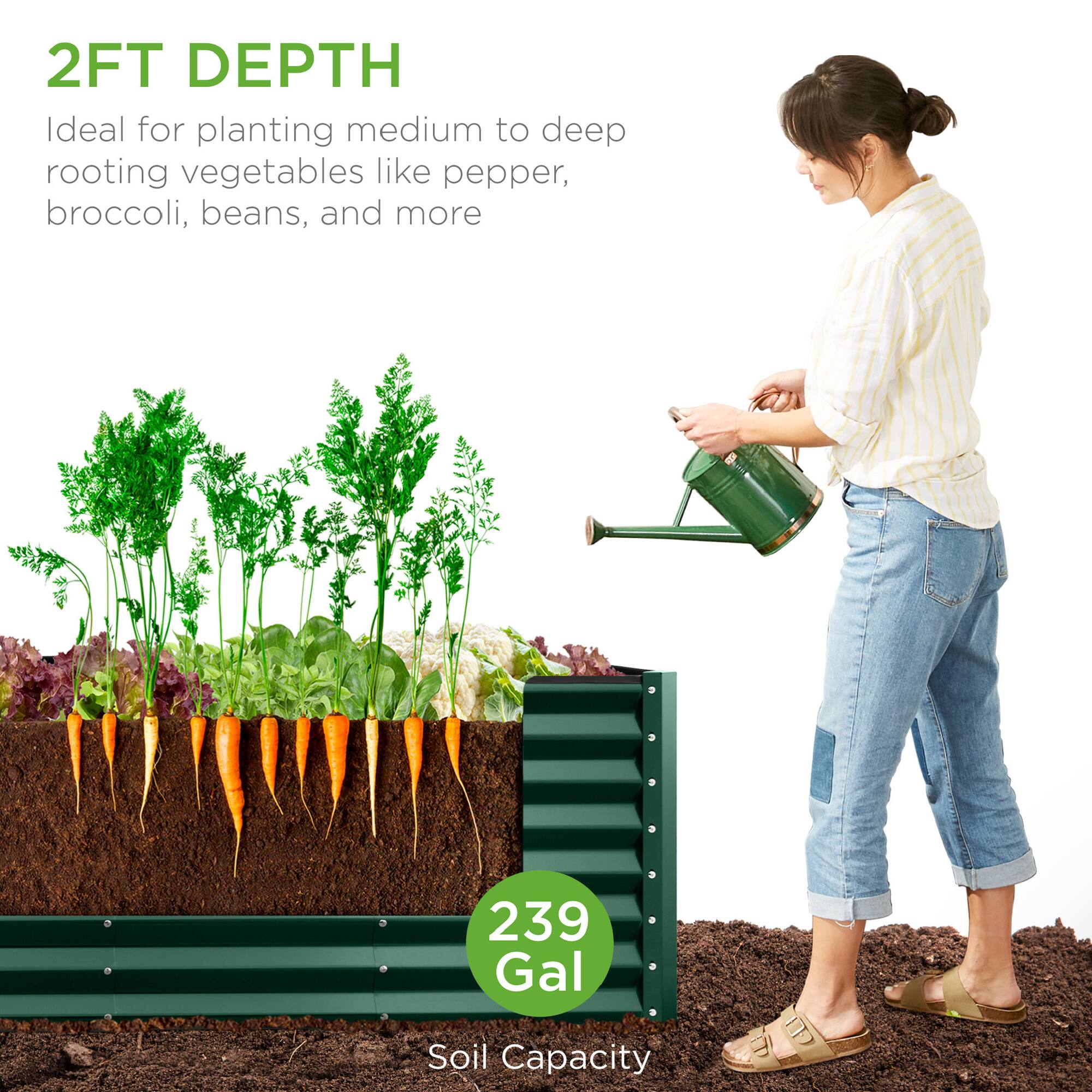 2FT DEPTH  
Ideal for planting medium to deep rooting vegetables like pepper, broccoli, beans, and more  

239 Gal  
Soil Capacity