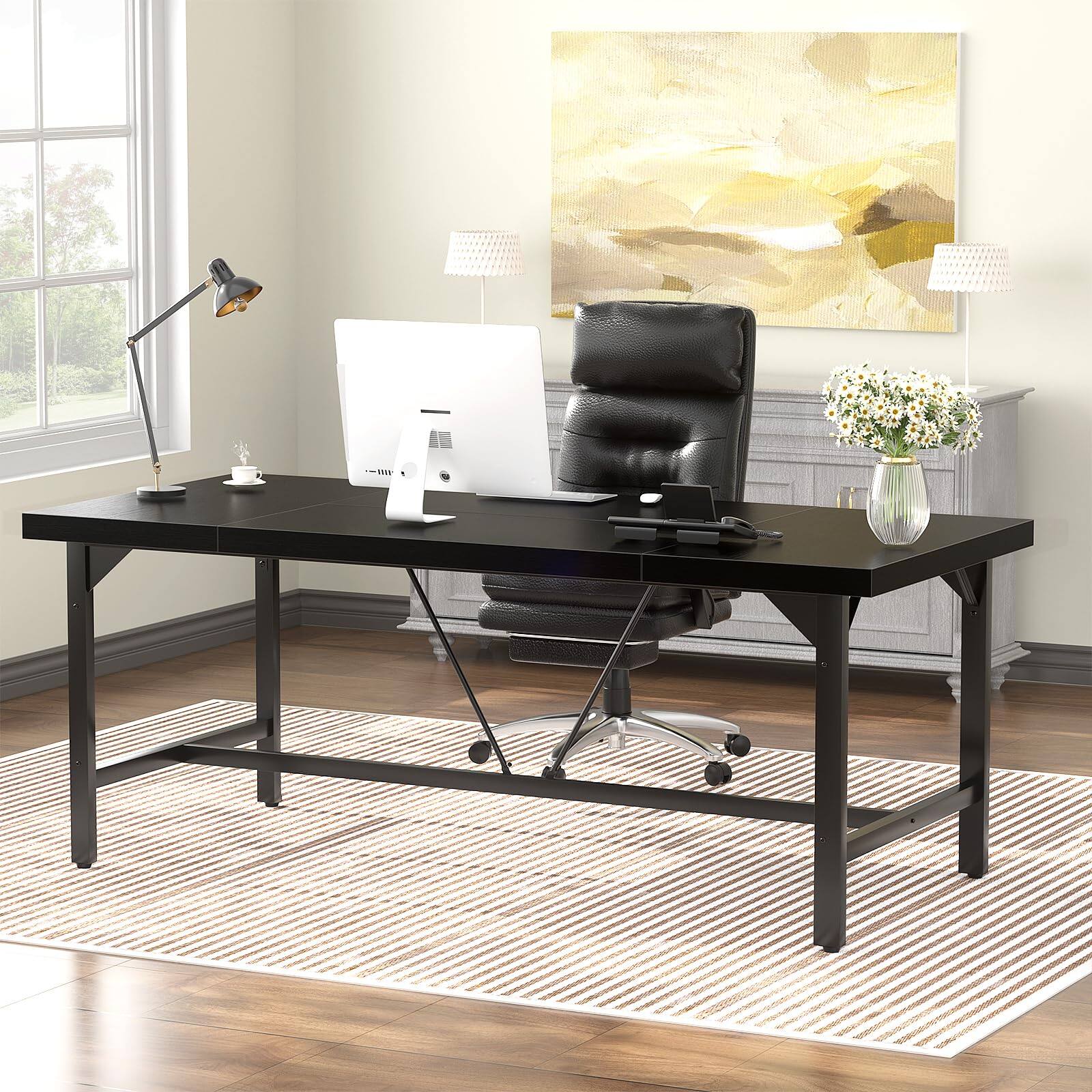 Angle. Aheaplus - 63" Heavy Duty Computer Desk: 1.4" Wood Desktop & Metal Frame, 2-Person Workstation for Home Office - Black.