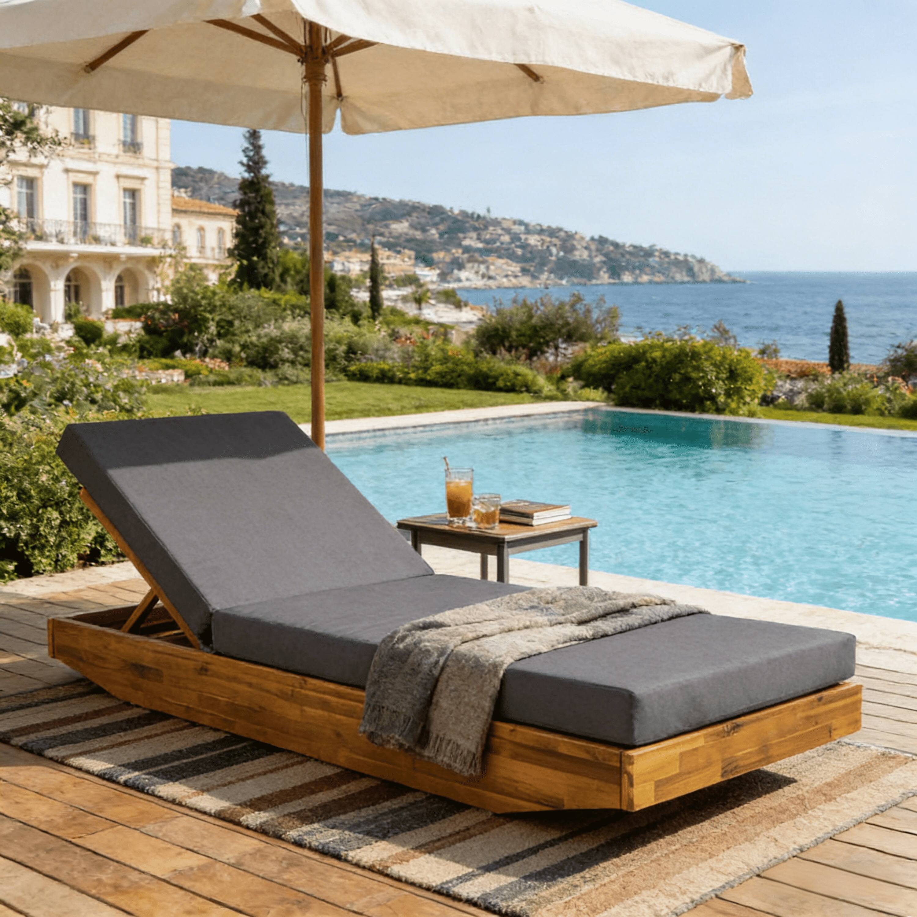 Angle. Anysun - Acacia Wood Chaise Lounge with Teak Finish, Outdoor Recliner with 3-Fold Water-Repellent Cushion, for Patio or Poolside - Dark Gray.