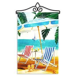 G128 - Combo Pack Garden Flag Hanger 14.2in with 12x18in Beach Summer Flag, 150D Polyester - Multicolor