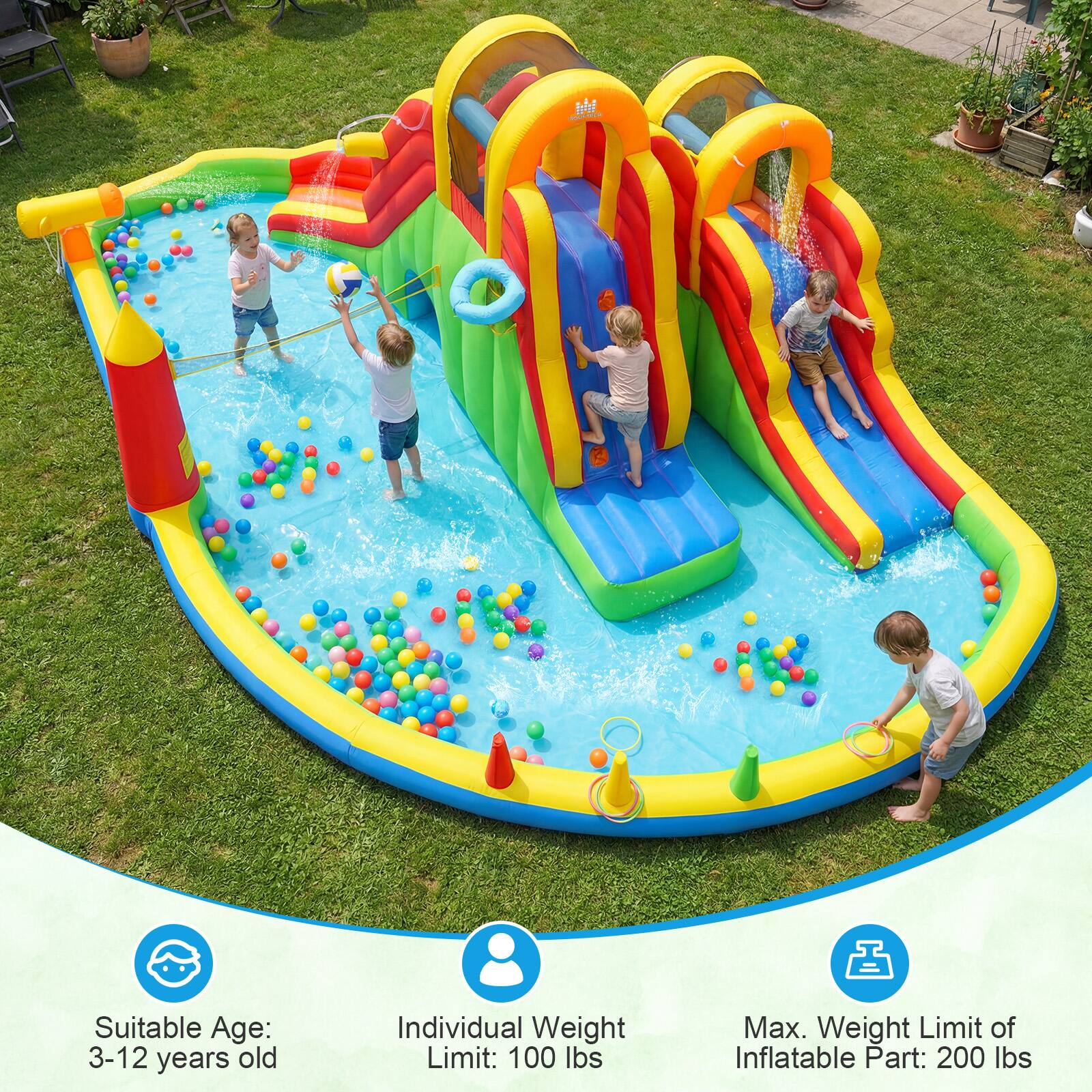 Suitable Age: 3-12 years old  
Individual Weight Limit: 100 lbs  
Max. Weight Limit of Inflatable Part: 200 lbs