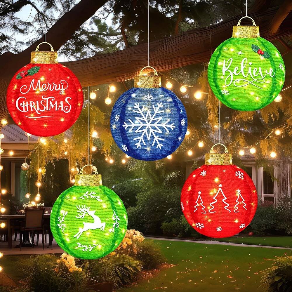 PARKER SLATER - 5-Pc Lighted Christmas Balls – 11.8", Waterproof, LED, Outdoor Hanging Holiday Decor - Red, Green, Blue