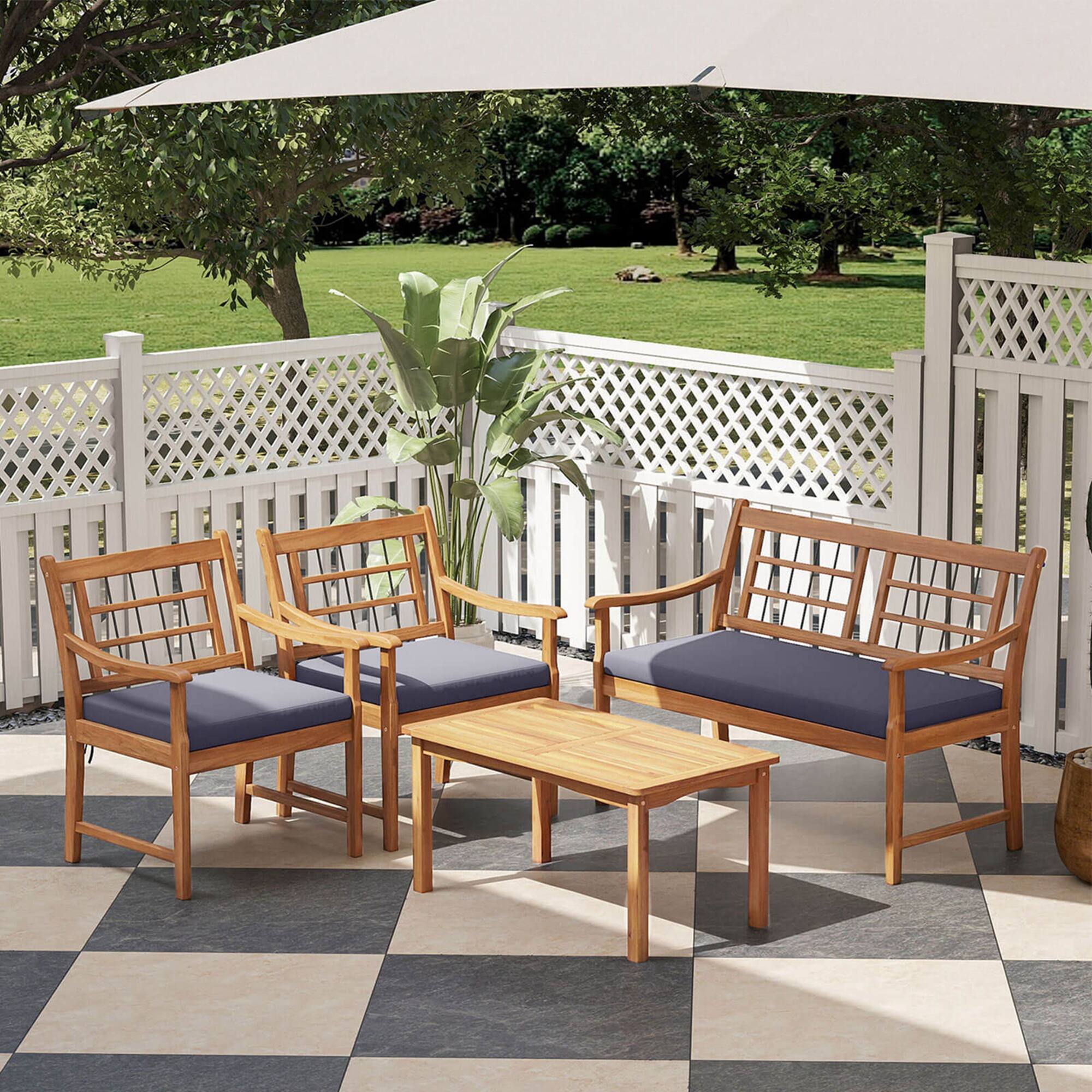 Alt View 3. Costway - 4 PCS Wood Patio Furniture Set with Soft Seat Cushions Solid Acacia Wood Frame - Gray,Natural.