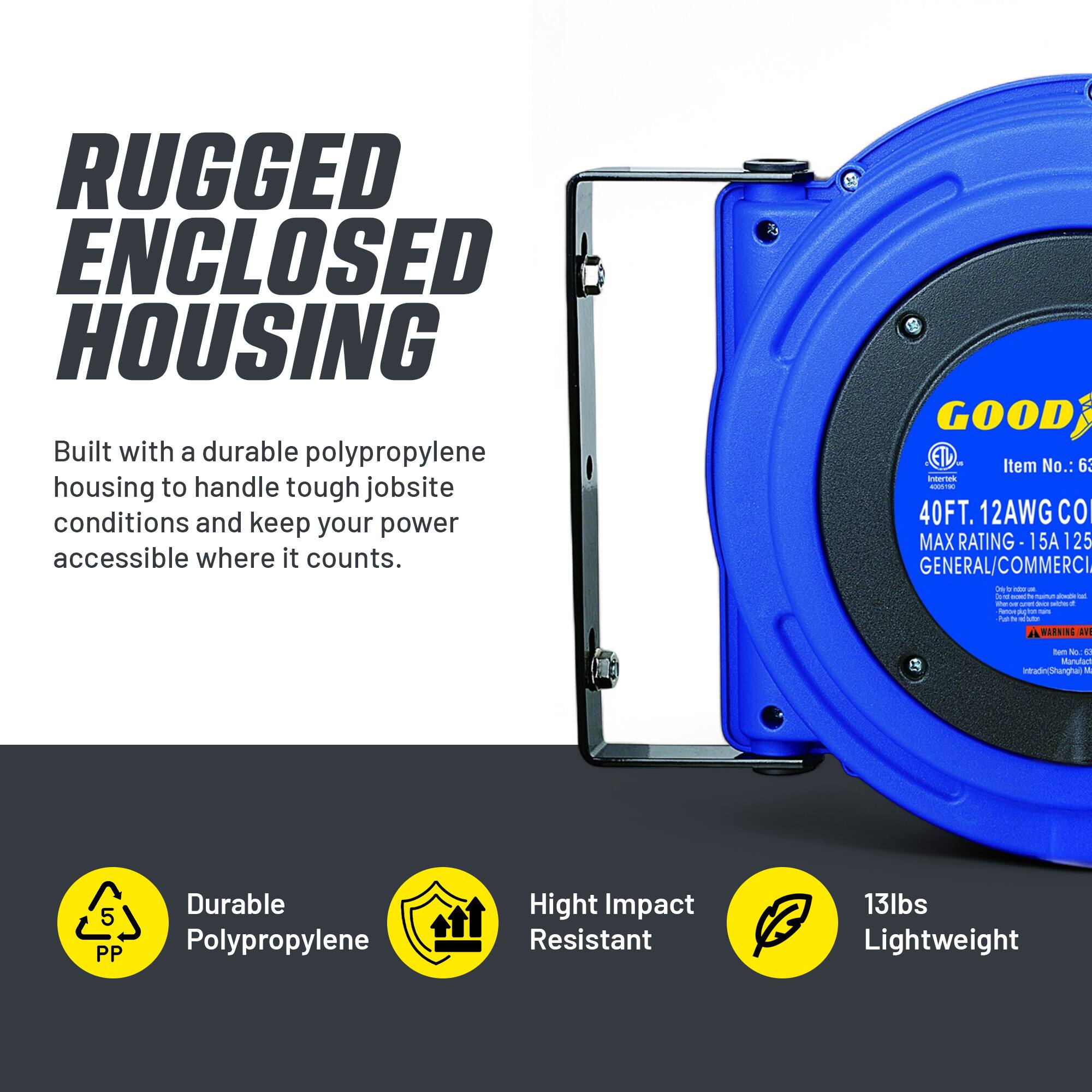 RUGGED ENCLOSED HOUSING
Built with a durable polypropylene housing to handle tough jobsite conditions and keep your power accessible where it counts.
GOOD EL - Item No.: 63
40FT. 12AWG CO
MAX RATING- 15A 125
GENERAL/COMMERCIAL
Pat s WATKING EV
tam - N Munutar itradiecinanghal W
5 PP
Durable Polypropylene
High Impact Resistant
13lbs Lightweight