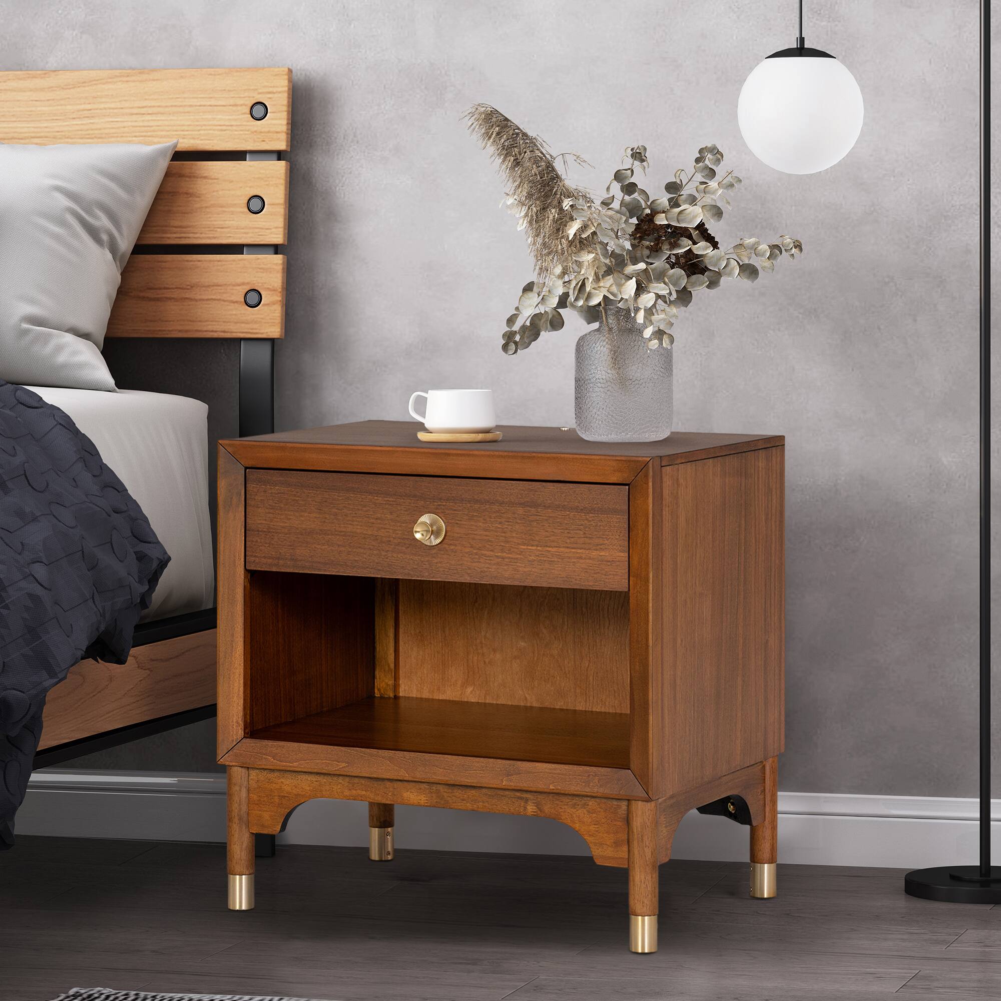 Left. Vaczon - Nightstand with USB Charging and LED Light, Modern Solid Wood Bedside Table with Storage Drawer - Walnut.