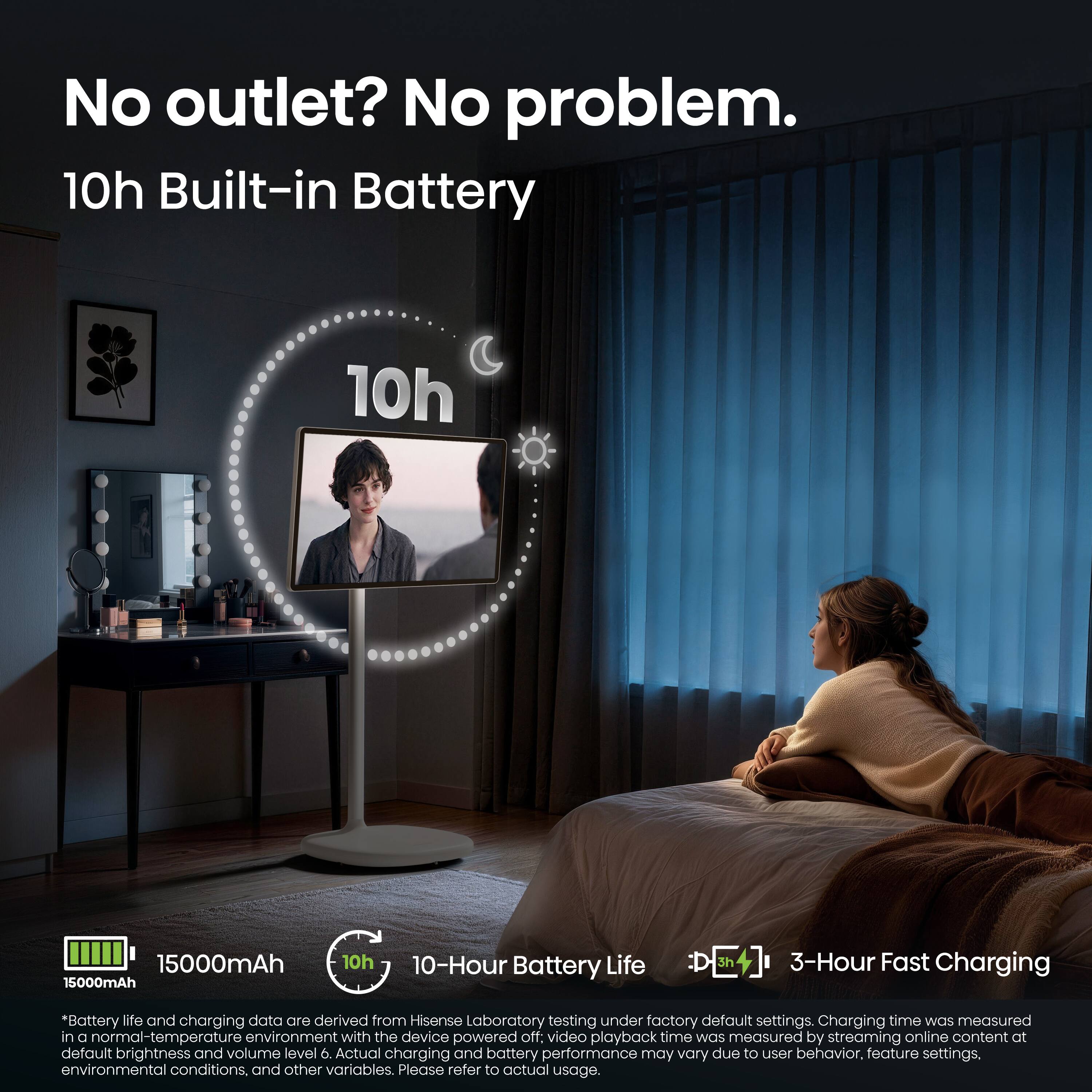 No outlet? No problem.  
10h Built-in Battery

15000mAh  
10h  
10-Hour Battery Life  
3h  
3-Hour Fast Charging

*Battery life and charging data are derived from Hisense Laboratory testing under factory default settings. Charging time was measured in a normal-temperature environment with the device powered off; video playback time was measured by streaming online content at default brightness and volume level 6. Actual charging and battery performance may vary due to user behavior, feature settings, environmental conditions, and other variables. Please refer to actual usage.