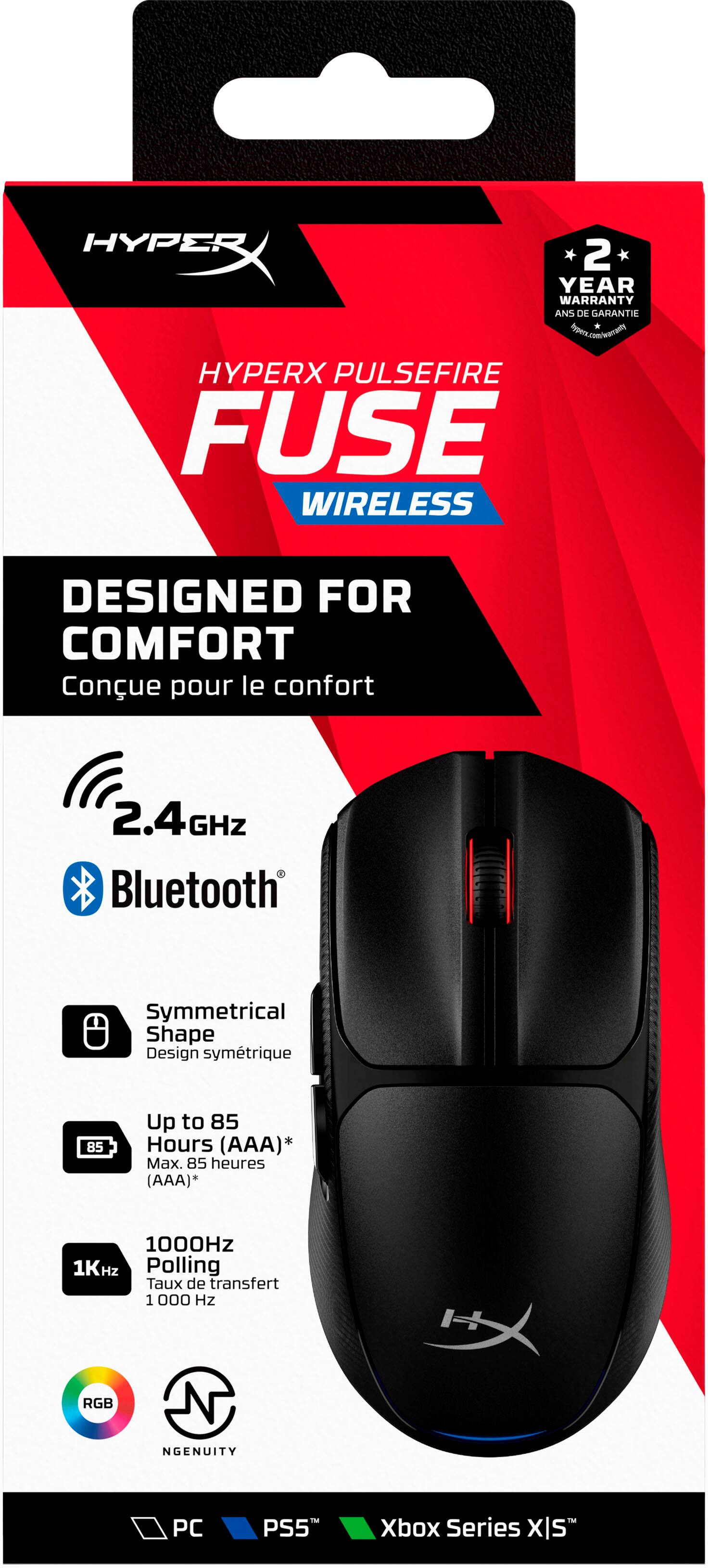 The text on the image is in French, so I will provide the corrected text in English.

HyperX PulseFire Fuse Wireless Designed for Comfort Confort pour l'utilisation 2.4GHz Bluetooth Symmetrical Shape Design symtrique 85 Up to 85 Hours (AAA)* Max. 85 heures (AAA)* 1000Hz 1KHZ Polling Taux de transfert 1 000 Hz RGB NGENUITY PC PS5 Xbox Series X/S
