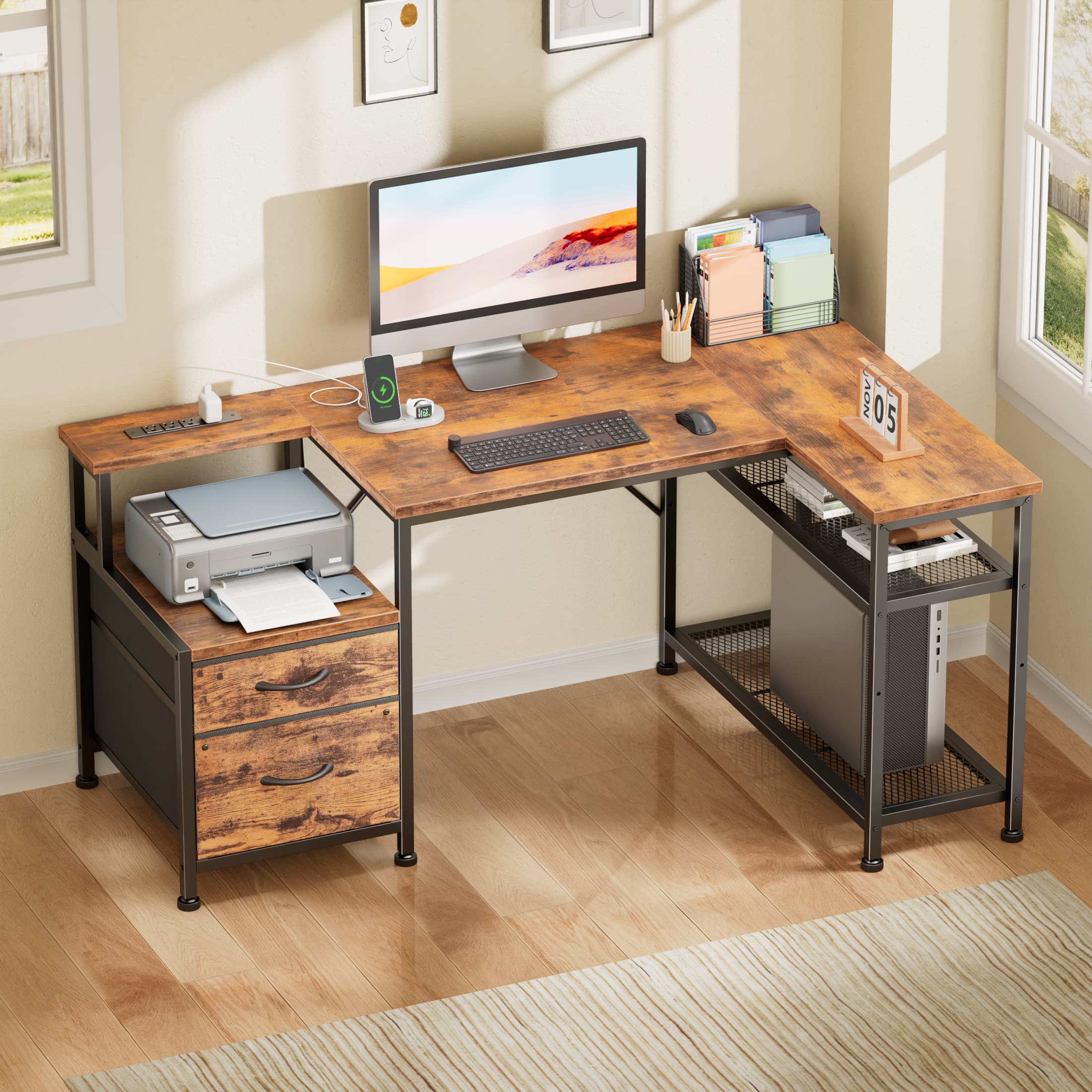 Furnulem - Computer Desk With Drawers Power Outlet Gaming Desk With Storage Shelves for Home Office Desk - Brown