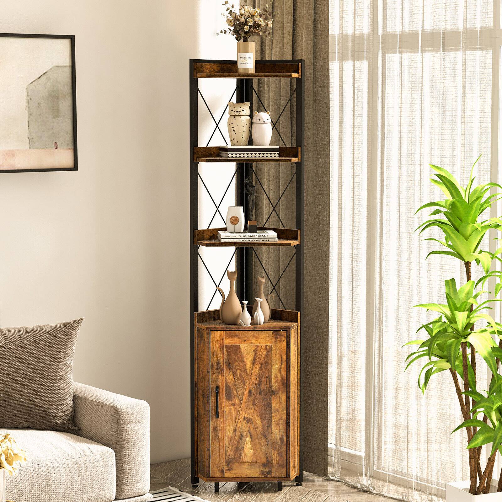 Alt View 4. Sugift - Tall Corner Storage Cabinet with 3-Tier Shelf and Enclosed Cabinet - Brown.