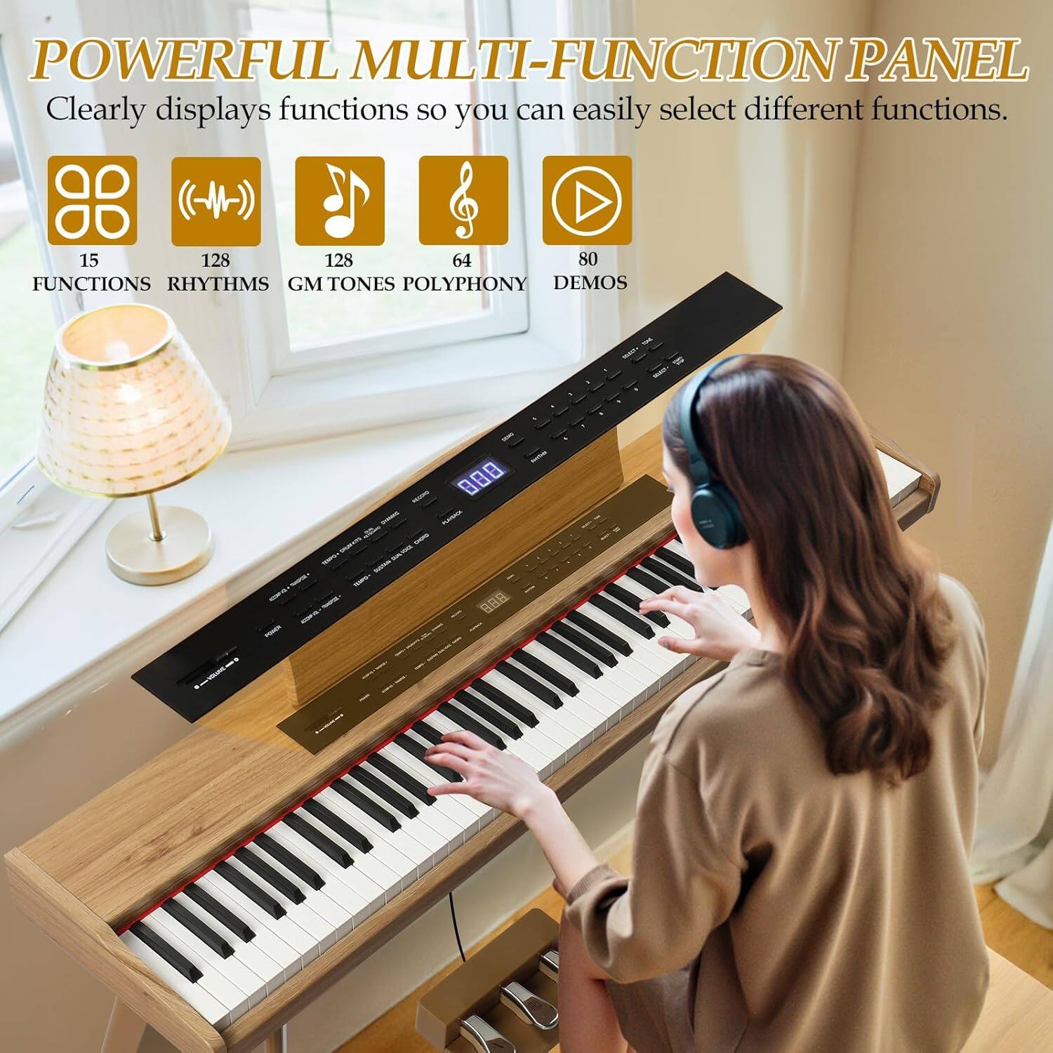 POWERFUL MULTI-FUNCTION PANEL  
Clearly displays functions so you can easily select different functions.  

- 15 FUNCTIONS  
- 128 RHYTHMS  
- 128 GM TONES  
- 64 POLYPHONY  
- 80 DEMOS