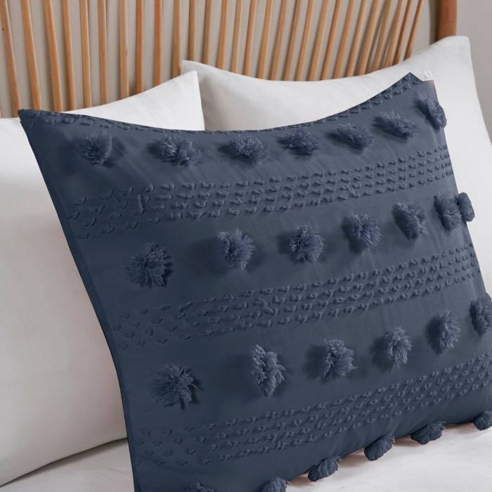 Left. Hivvago - Full/Queen 3 Piece Navy Pompom Microfiber Hypoallergenic Comforter Set - Navy.