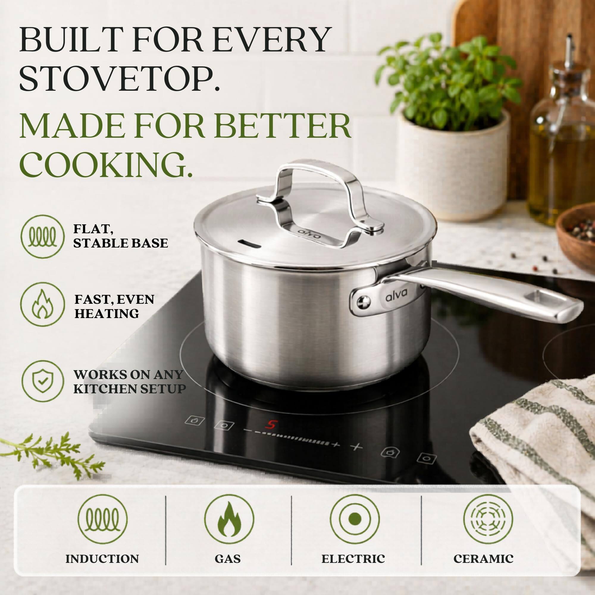 BUILT FOR EVERY STOVETOP.  
MADE FOR BETTER COOKING.  

FLAT, STABLE BASE  
FAST, EVEN HEATING  
WORKS ON ANY KITCHEN SETUP  

INDUCTION  
GAS  
ELECTRIC  
CERAMIC