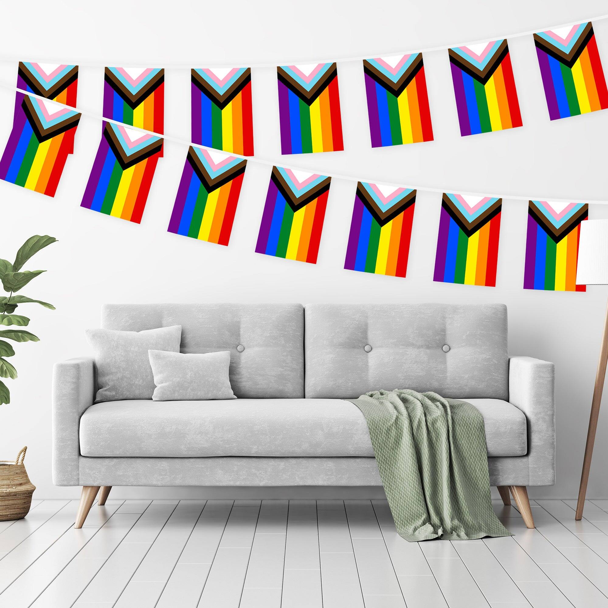 Angle. G128 - LGBT Progress Pride Bunting Banner, 33 ft with 38 Mini Flags, 150D Polyester. - Vivid colors.
