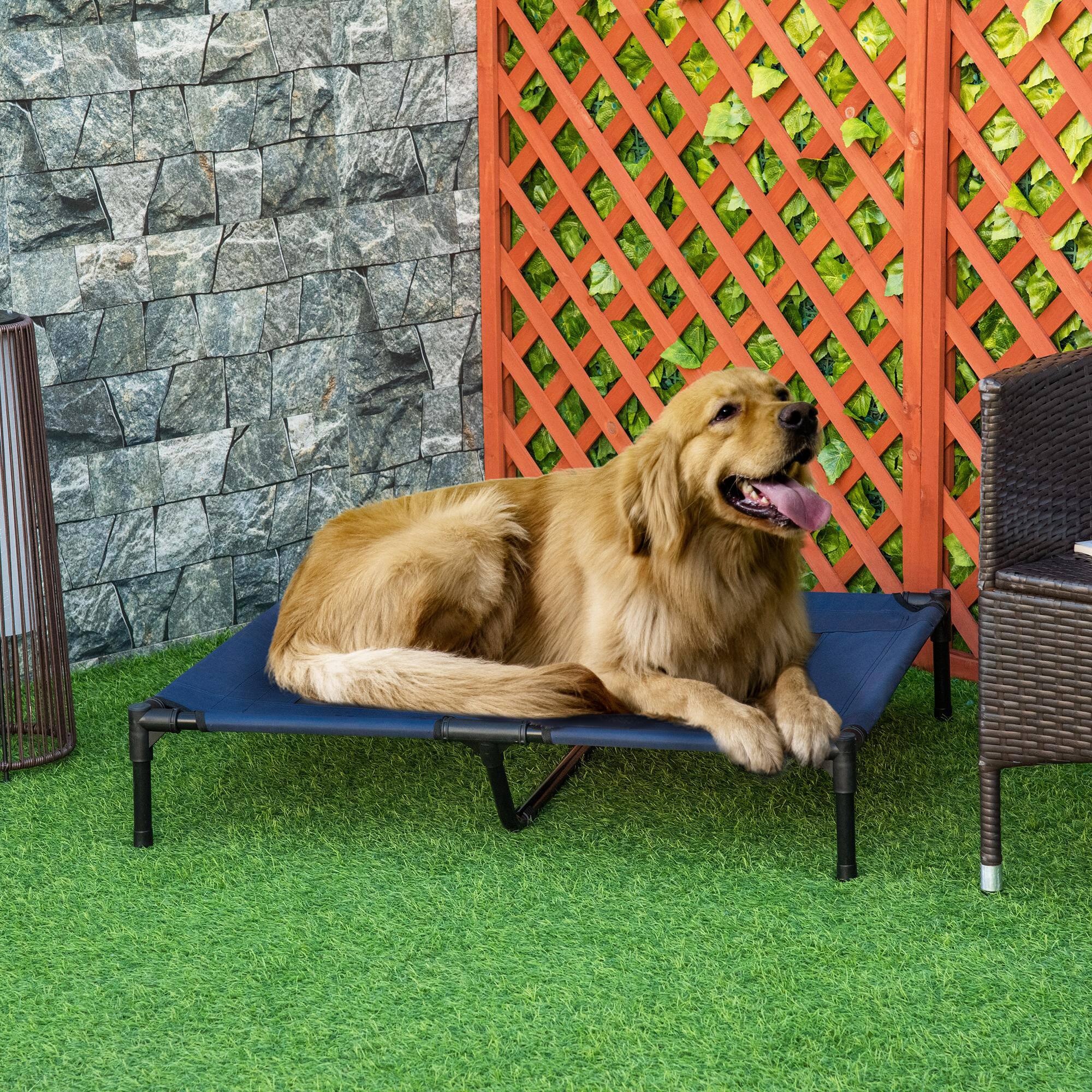 Angle. Pawhut - 36" x 30" Elevated Cooling Summer Dog Cot Pet Bed With Mesh Ventilation - Blue.