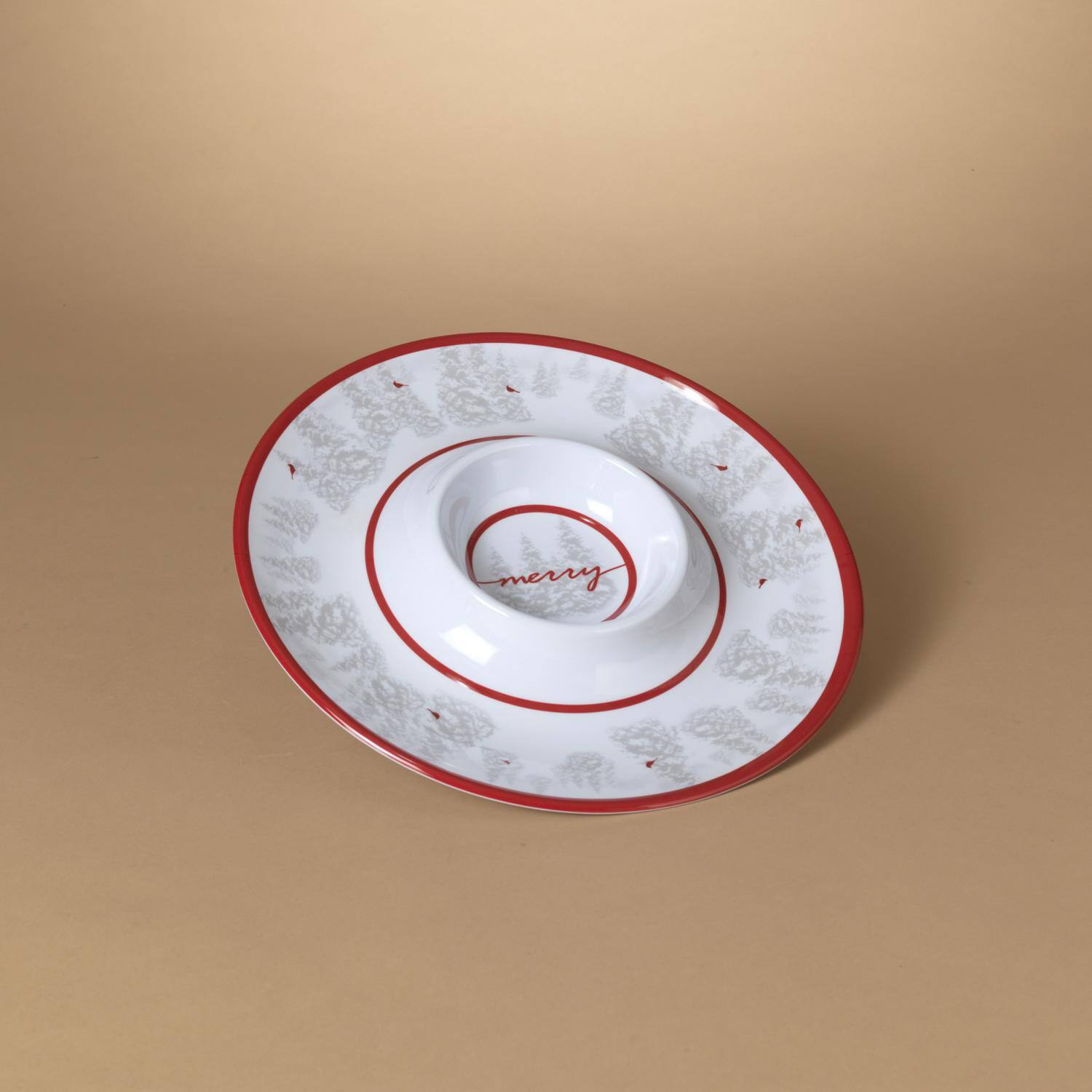 Front. The Gerson Companies - Gerson Red/White Holiday Cardinal Chip and Dip Plate (Case of 12) - Red|White.