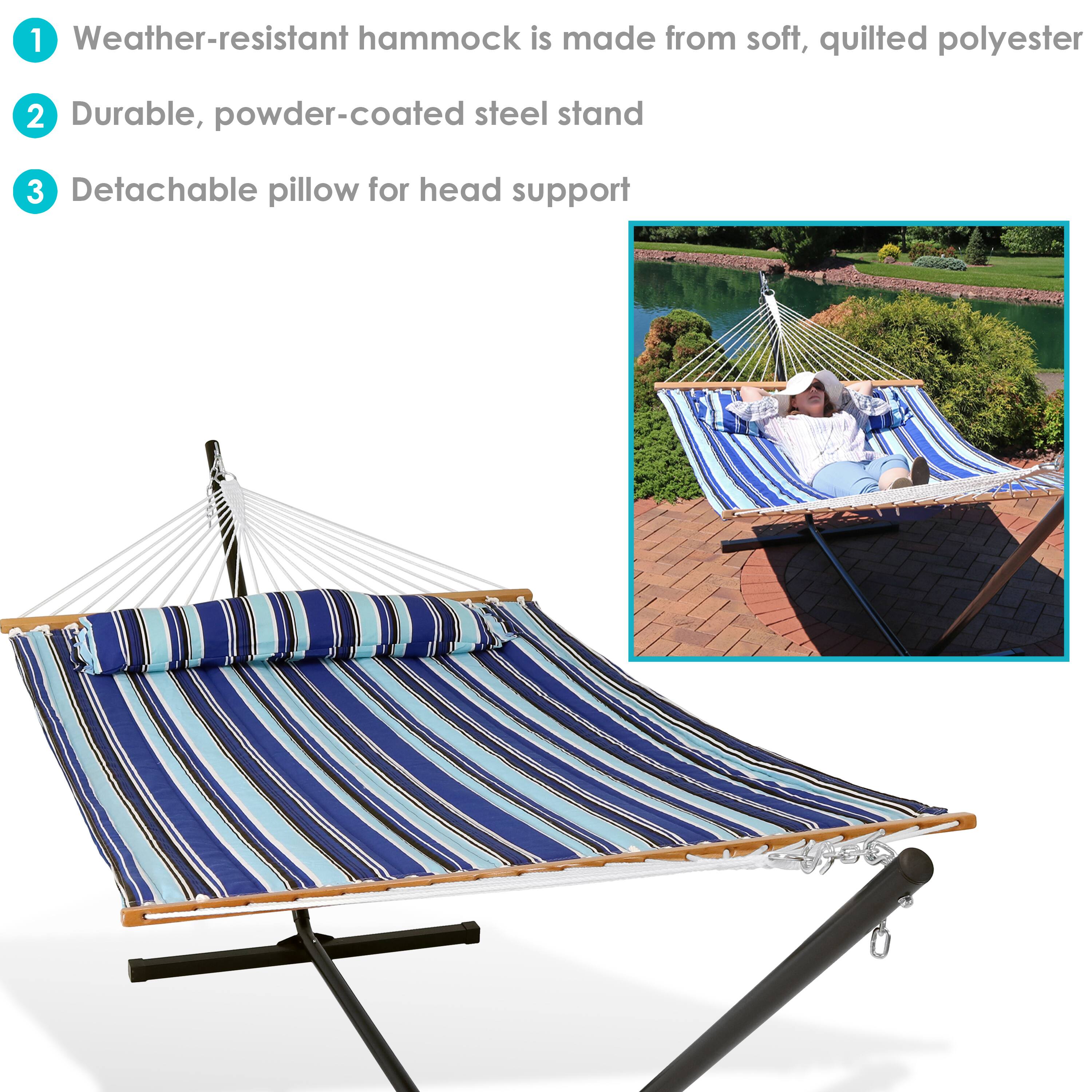 1. Weather-resistant hammock is made from soft, quilted polyester  
2. Durable, powder-coated steel stand  
3. Detachable pillow for head support