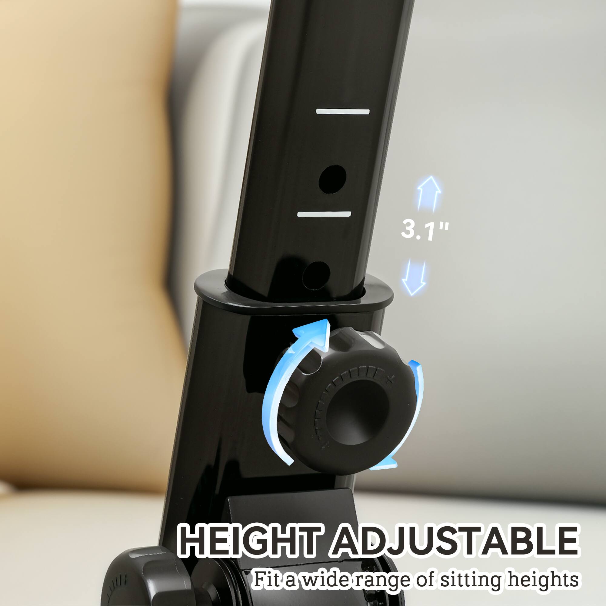 The text on the image can be grouped and corrected as follows:

- "3.1" x HEIGHT ADJUSTABLE"
- "Fit a wide range of sitting heights"

The corrected text should be:

- "3.1" x HEIGHT ADJUSTABLE"
- "Fit a wide range of sitting heights"