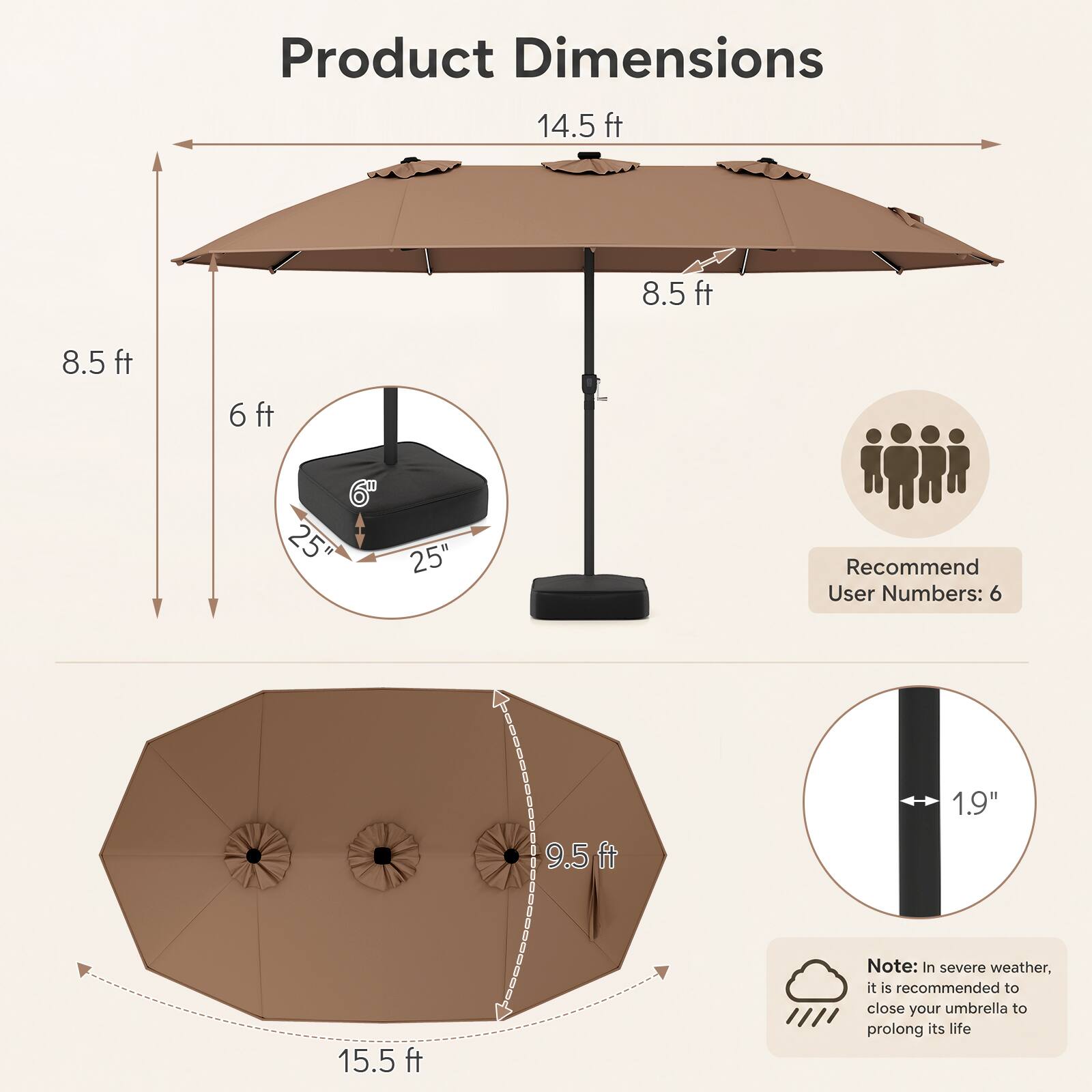 Product Dimensions  
14.5 ft  
8.5 ft  
8.5 ft  
6 ft  
6" 25" 25"  
Recommend User Numbers: 6  
9.5 ft  
1.9"  
15.5 ft  

Note: In severe weather, it is recommended to close your umbrella to prolong its life