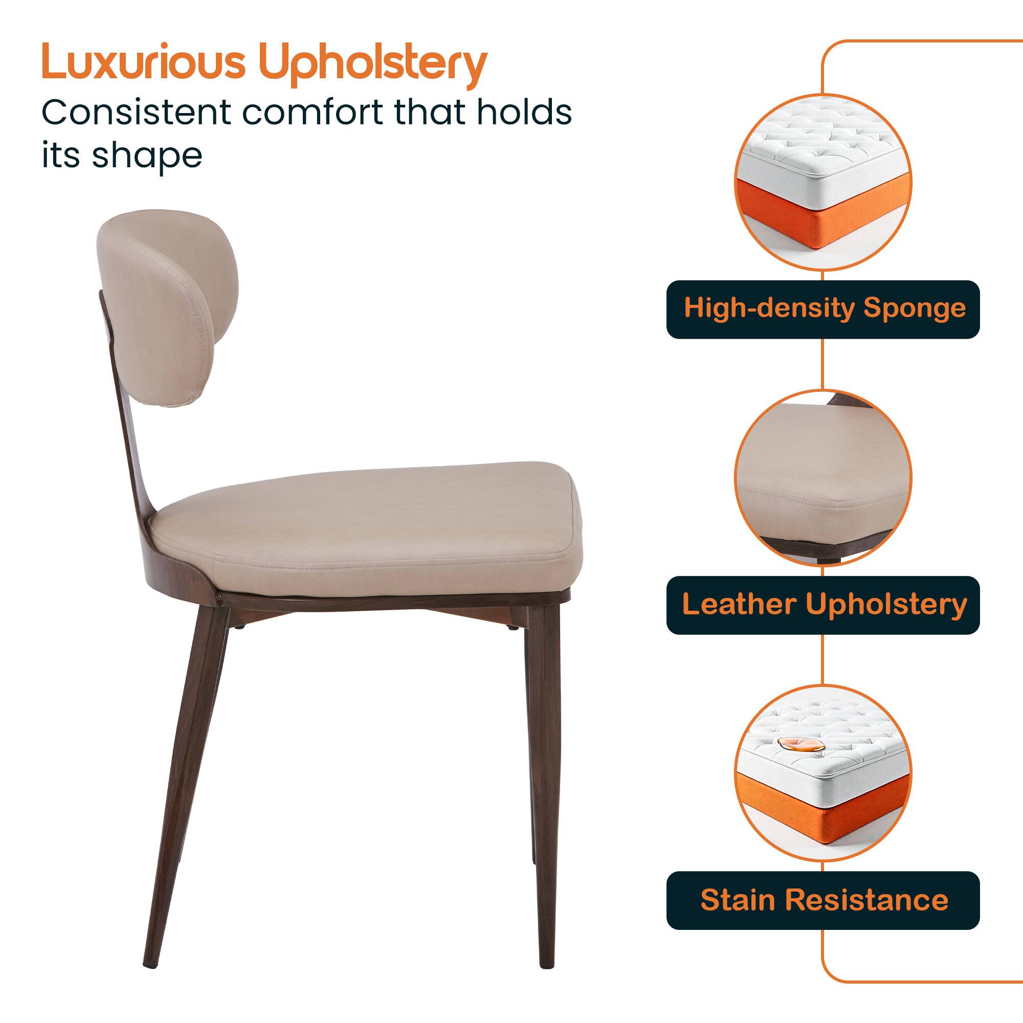 Luxurious Upholstery  
Consistent comfort that holds its shape  
High-density Sponge  
Leather Upholstery  
Stain Resistance