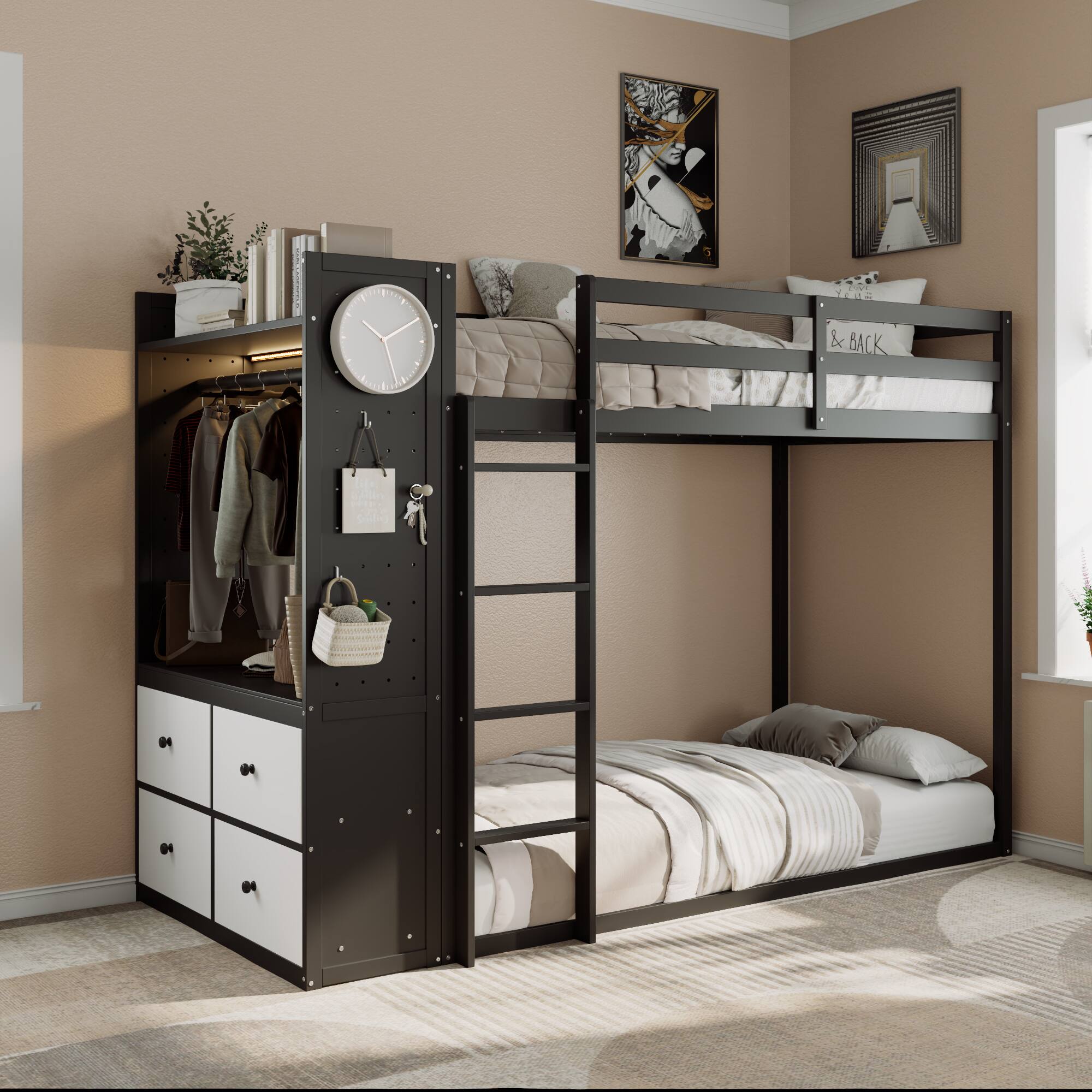 Angle. Anysun - Twin Size Bunk Bed with 4 Storage Drawers, Hanging Rail, Light Strip and Built-in Shelves & Dual Pegboards - Black.
