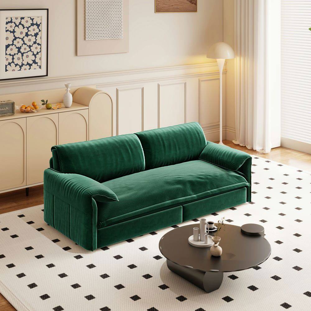 Back. Kadyn - 66" Queen Pull Out Sofa Bed, 3-in-1 Convertible Sleeper with Side Storage, Velvet Loveseat - Green.