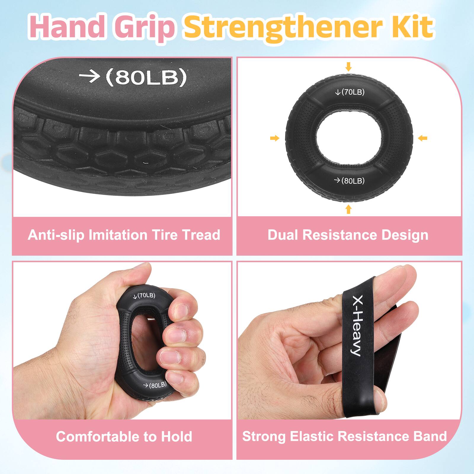 Hand Grip Strengthener Kit (80LB) (70LB) Anti-slip Imitation Tire Tread Dual Resistance Design (70LB) (80LB) X-Heavy Comfortable to Hold Strong Elastic Resistance Band