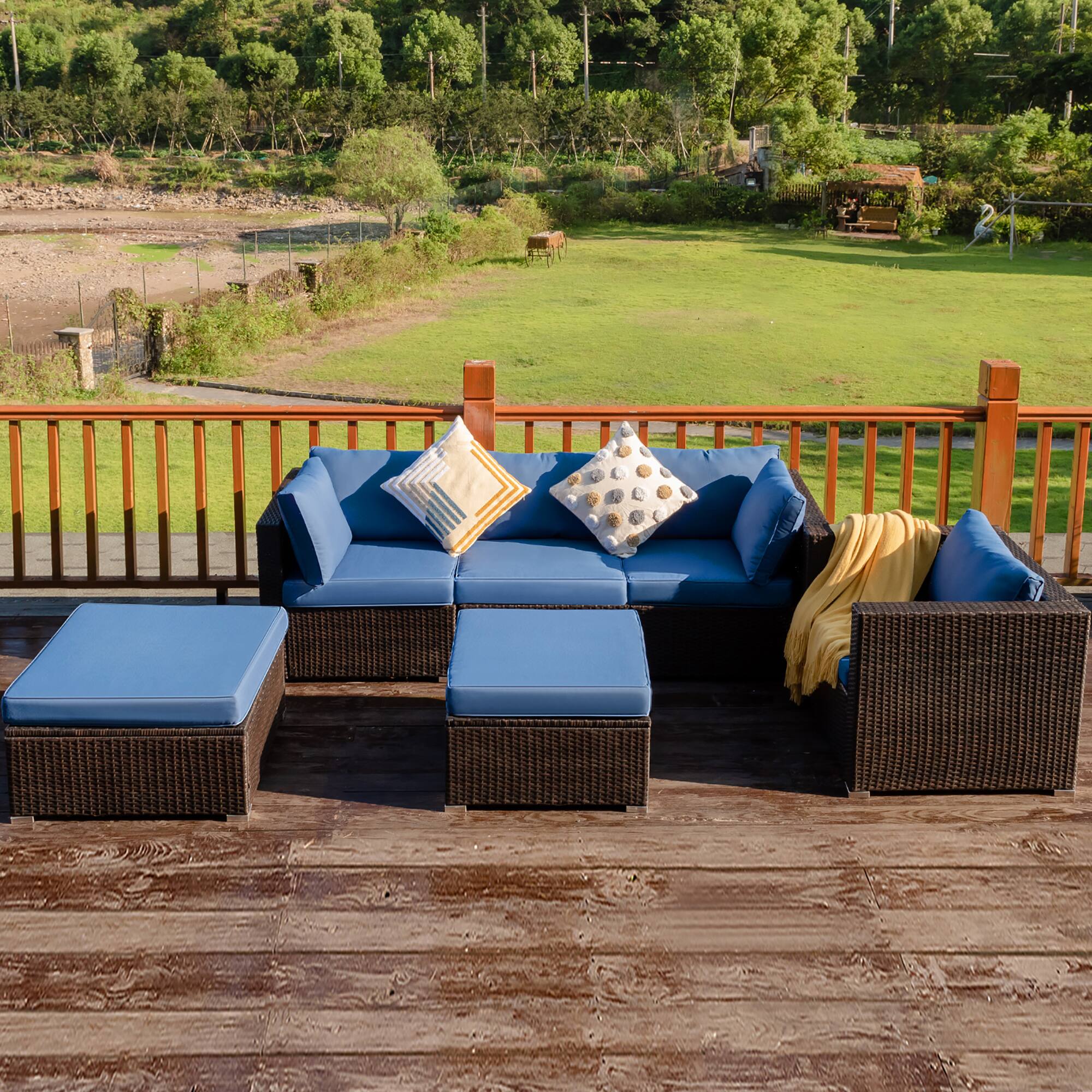 Alt View 1. Costway - 6PCS Patio Rattan Furniture Set Sofa Coffee Table Ottoman - Navy.