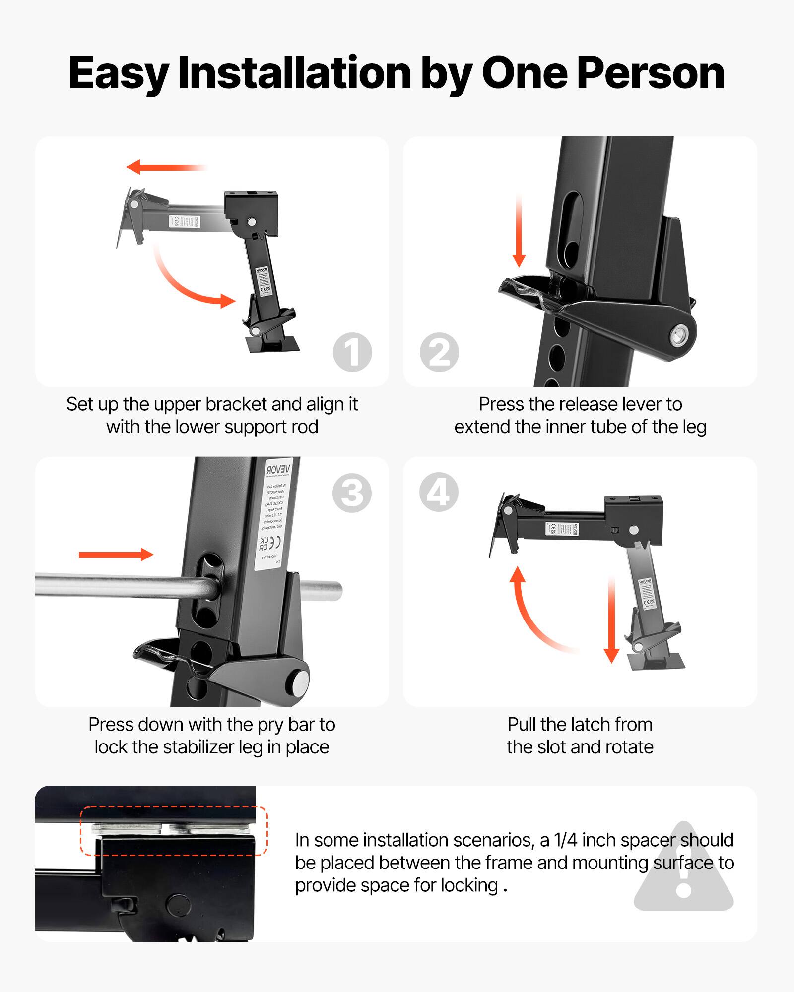 Easy Installation by One Person

1. Set up the upper bracket and align it with the lower support rod
2. Press the release lever to extend the inner tube of the leg
3. Press down with the pry bar to lock the stabilizer leg in place
4. Pull the latch from the slot and rotate

In some installation scenarios, a 1/4 inch spacer should be placed between the frame and mounting surface to provide space for locking.