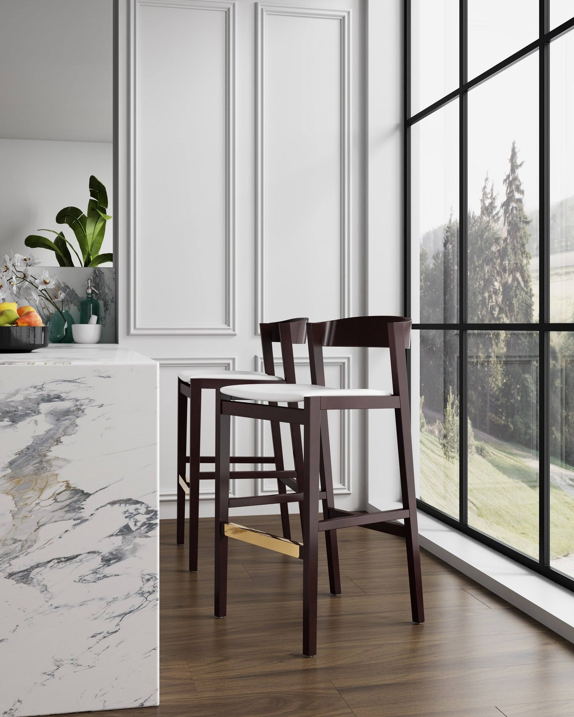 Alt View 4. Manhattan Comfort - Klismos Mid-Century Modern Wood Upholstered Barstool - Set of 2 - Ivory.