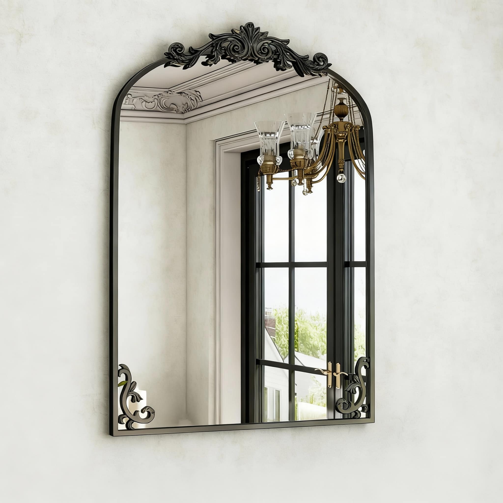 OMOMMD - 36"x24" Arched Vintage Wall Mirror with Carved Metal Frame & Baroque Top - Black 36"L x 24"W