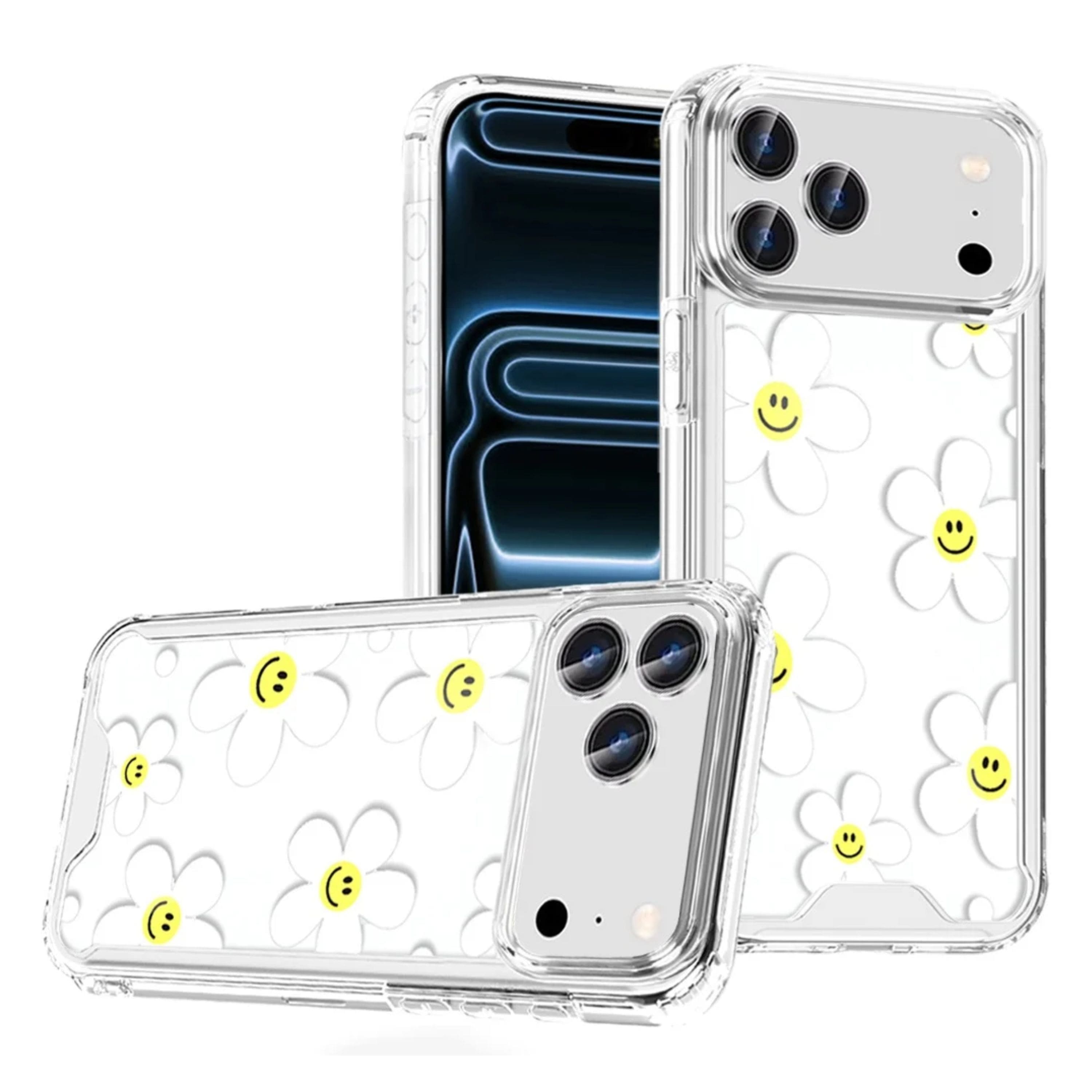 Kitcheniva - White Daisies Smiley Faces Design Clear TPU Phone Case With Tempered Glass For iPhone 17 Pro Max - Multicolor