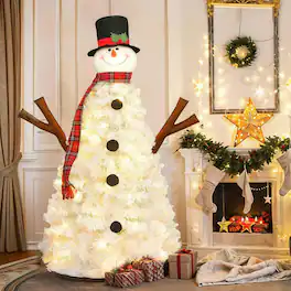 Resenkos - 4ft Pre-Lit Snowman-Shaped Artificial Christmas Tree with 100 LED Lights and 380 Tips, Indoor/Outdoor - White