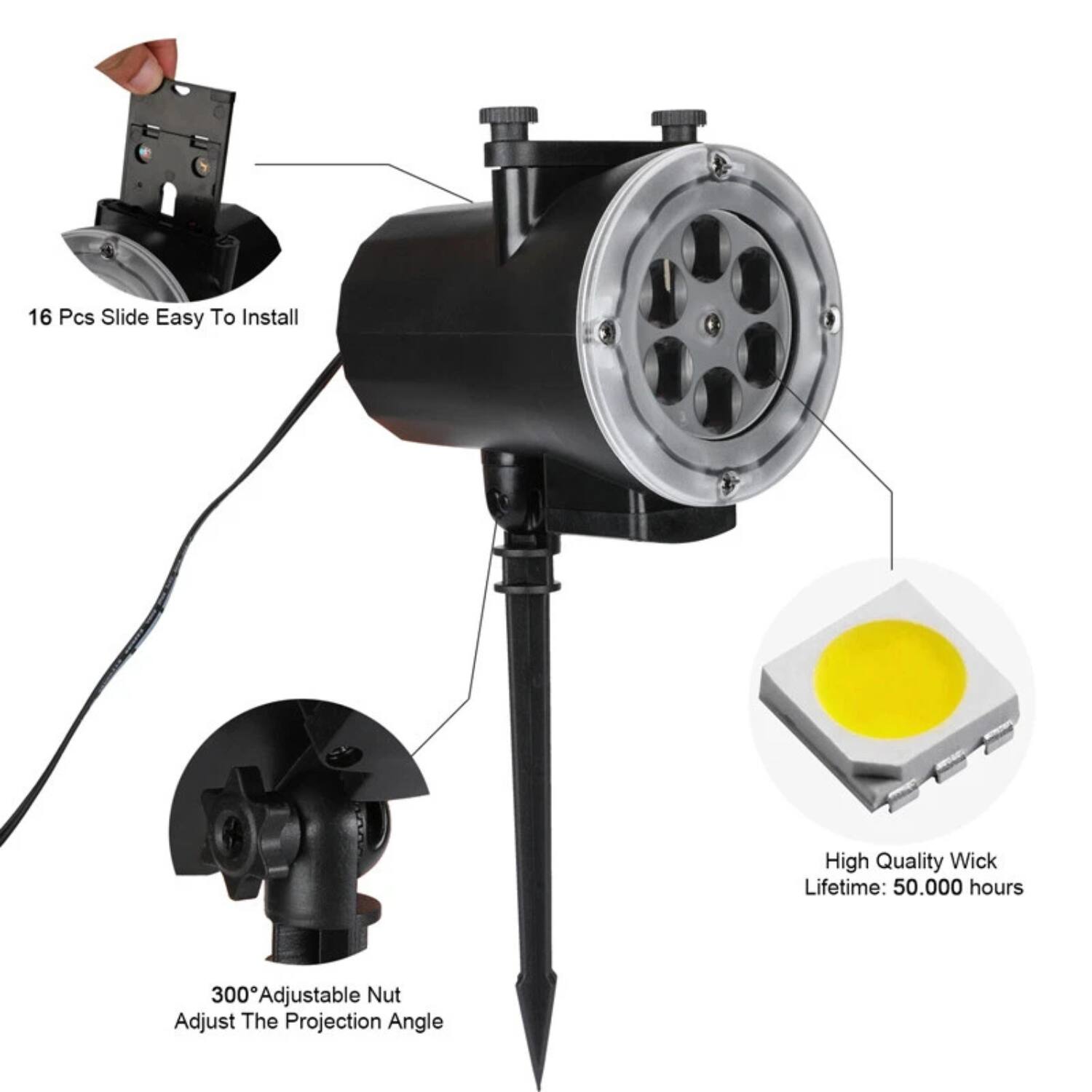 16 Pcs Slide Easy To Install

300° Adjustable Nut
Adjust The Projection Angle

High Quality Wick
Lifetime: 50,000 hours